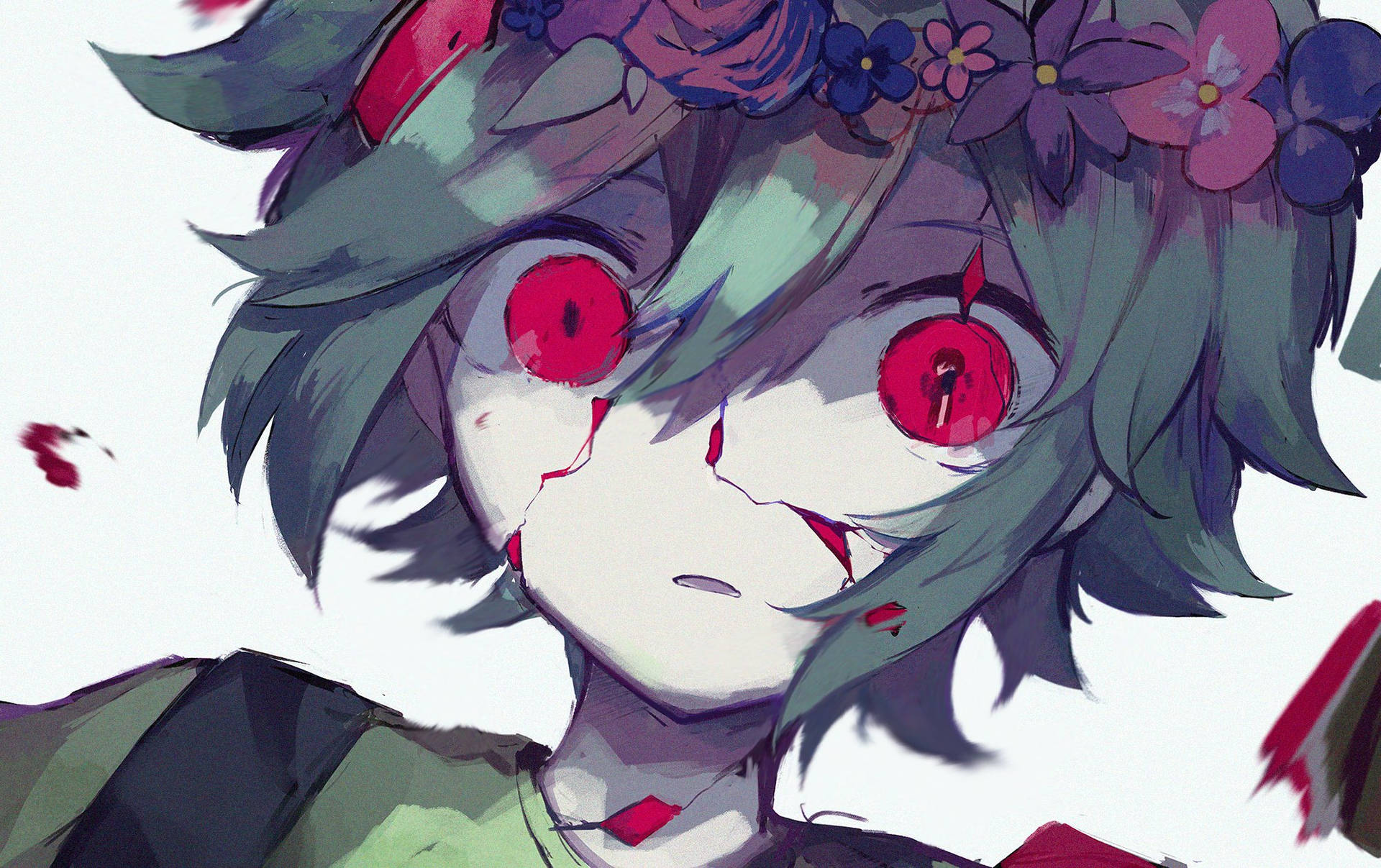 動漫女孩，青色頭髮，紅色眼睛，戴著花冠，臉上滴著血。 — Omori GIF 壁紙