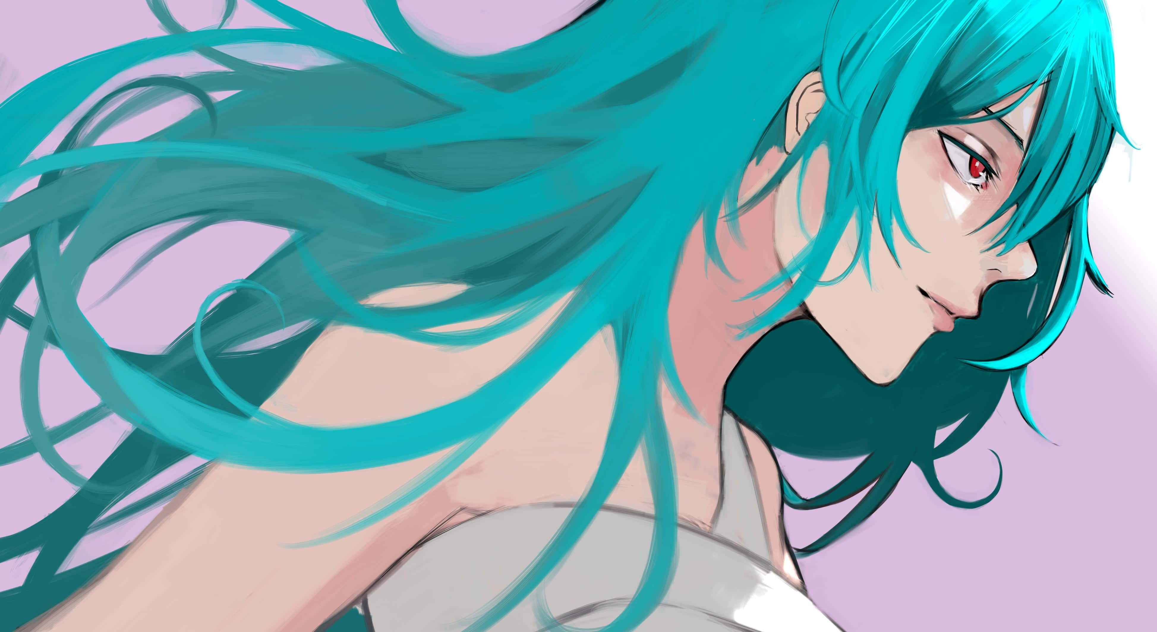 Eto Yoshimura 桌布 壁紙 — 一個特寫動漫女孩，擁有飄逸的藍綠色頭髮和紅色眼睛，在柔和的薰衣草背景下向下凝視。