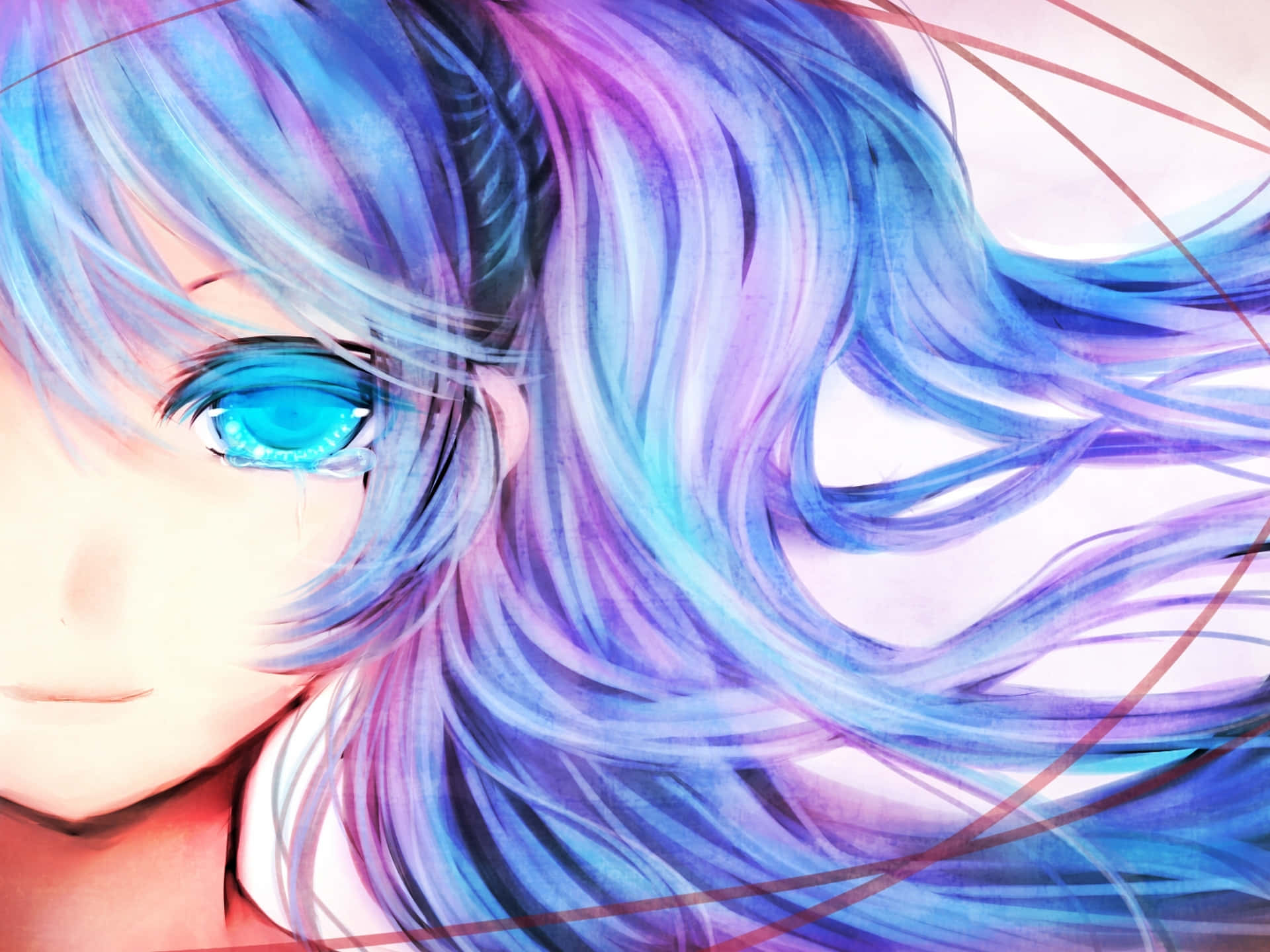 初音未來 桌布 壁紙 — 一個特寫動漫女孩，擁有飄逸的藍色和紫色頭髮，一顆淚珠從她明亮的藍色眼睛中落下。