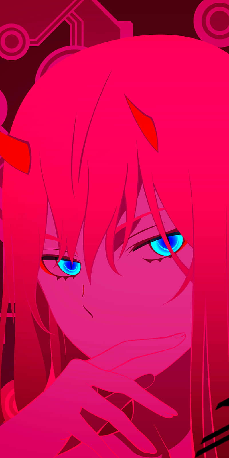 Darling In The Franxx Phone 桌布 壁紙 — 一個特寫動漫女孩，擁有鮮豔的粉紅色頭髮和發光的藍色眼睛，她的手靠近嘴唇，背景是深紅色的科技主題。