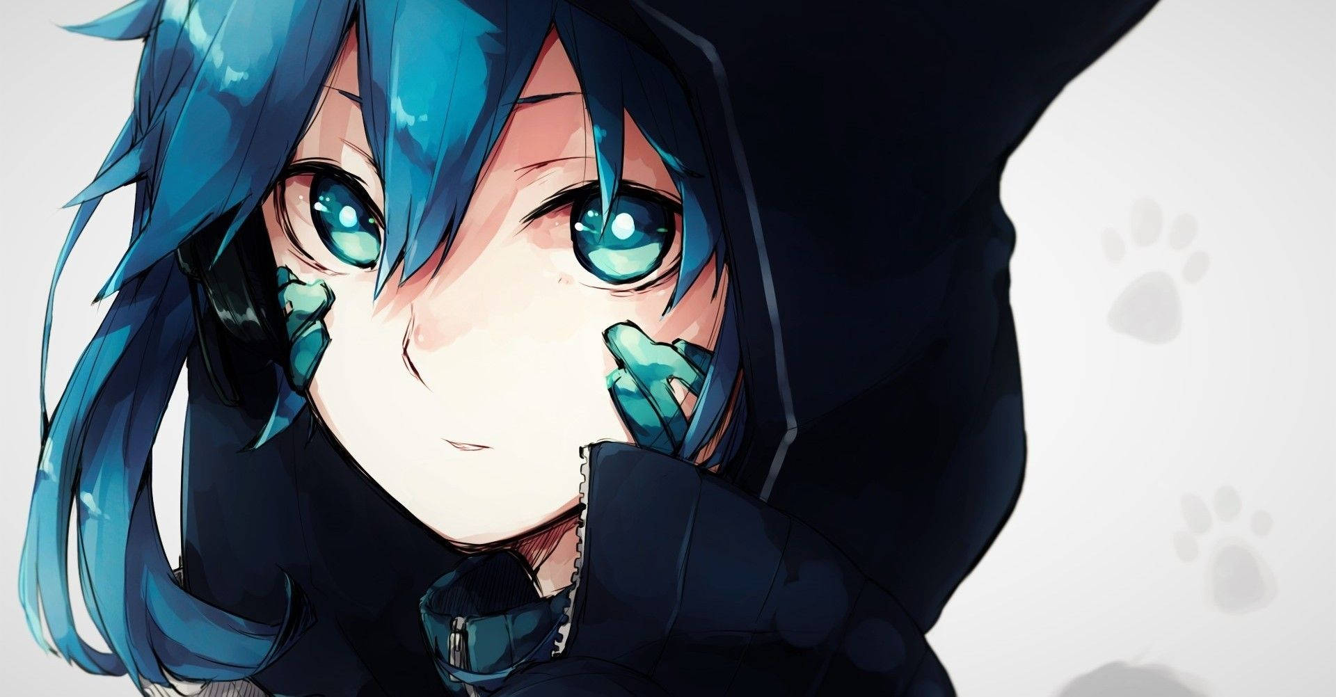 Tomboy Anime Girl 桌布 壁紙 — 一個特寫動漫女孩，擁有鮮豔的藍色頭髮和眼睛，用青綠色的手輕輕觸摸臉頰，背景是純白色帶有淡淡的爪印。
