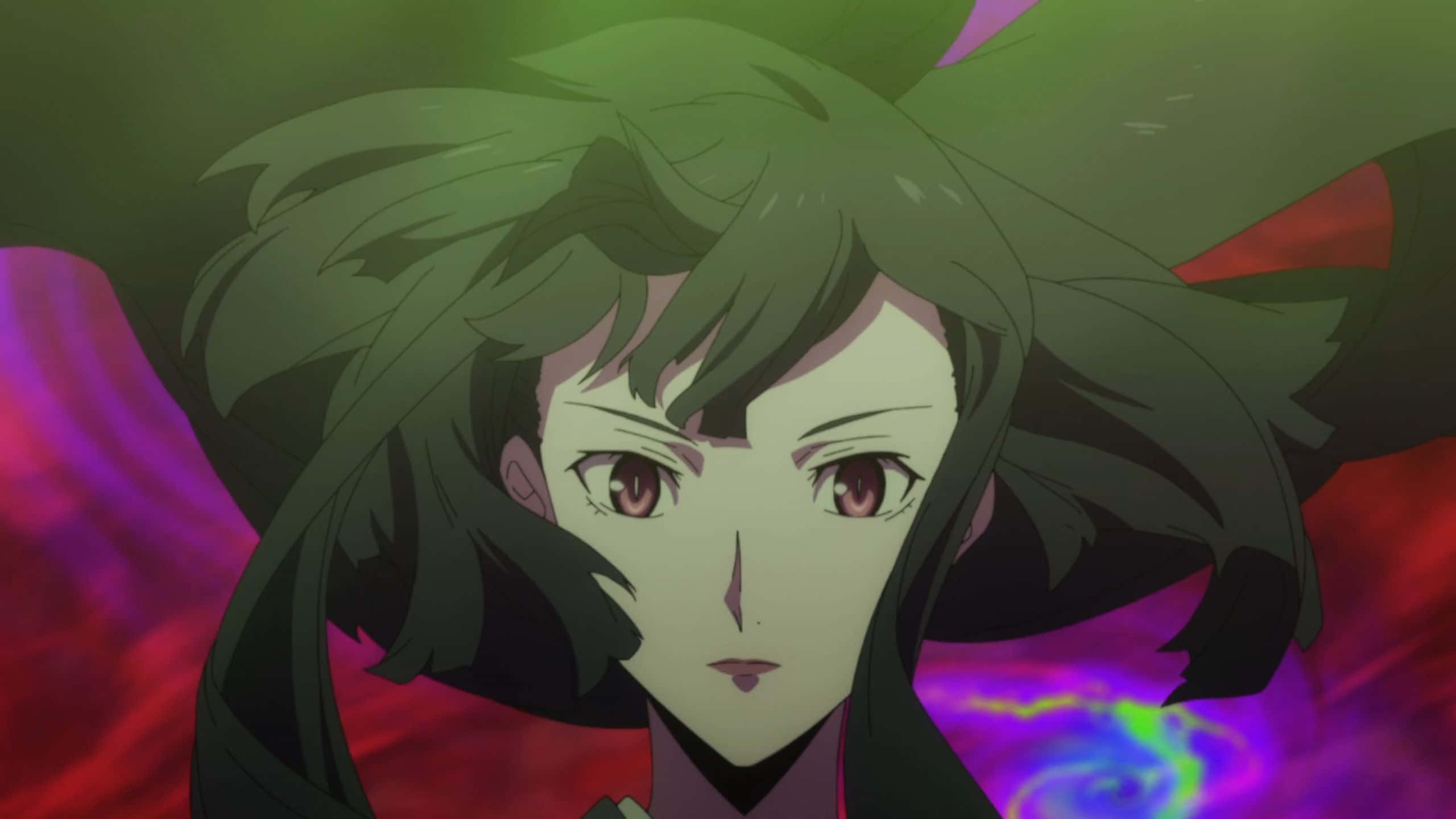 Shield Hero 桌布 壁紙 — 一個特寫動漫女孩，深綠色頭髮和紅色眼睛，凝視著旋轉的紫色和紅色宇宙背景。