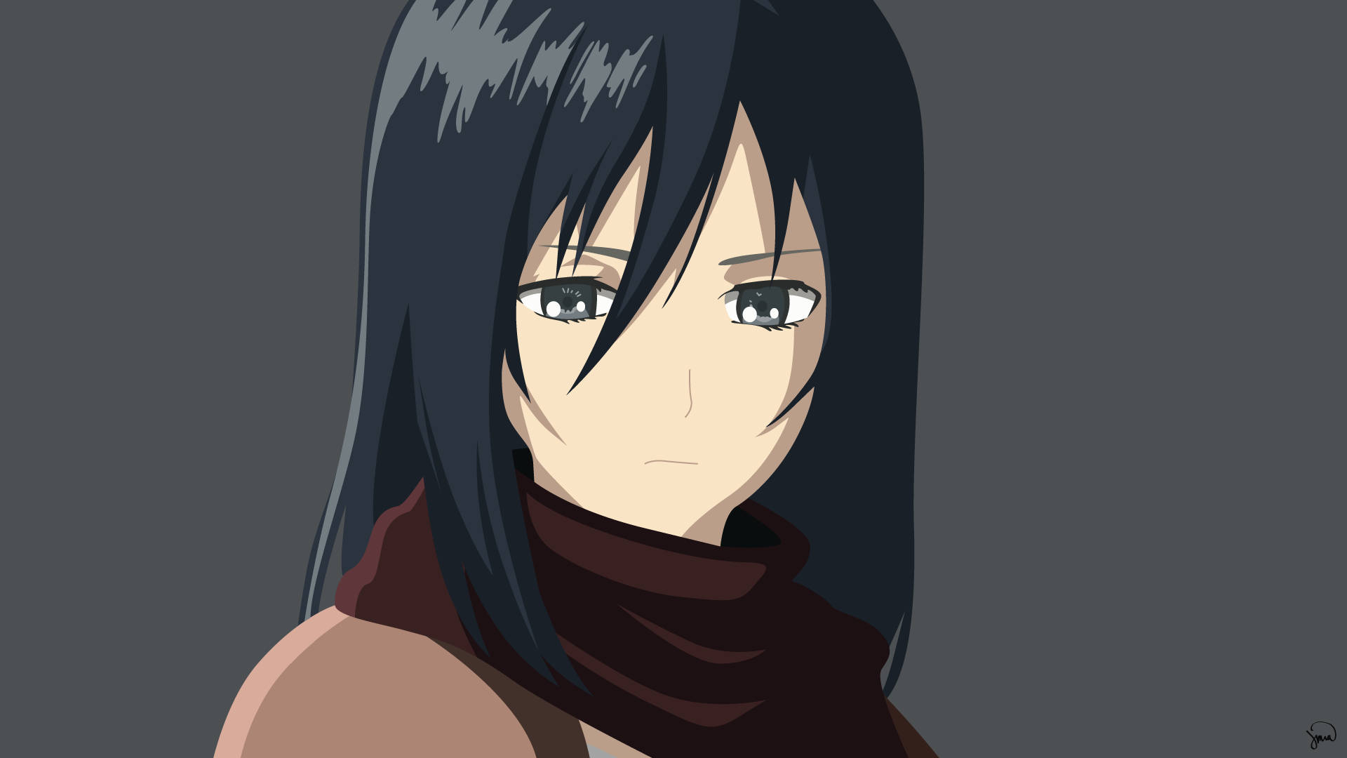 Mikasa Ackerman 桌布 壁紙 — 一個特寫動漫女孩，深色頭髮和紅色圍巾，在灰色背景下帶著嚴肅的表情凝視。