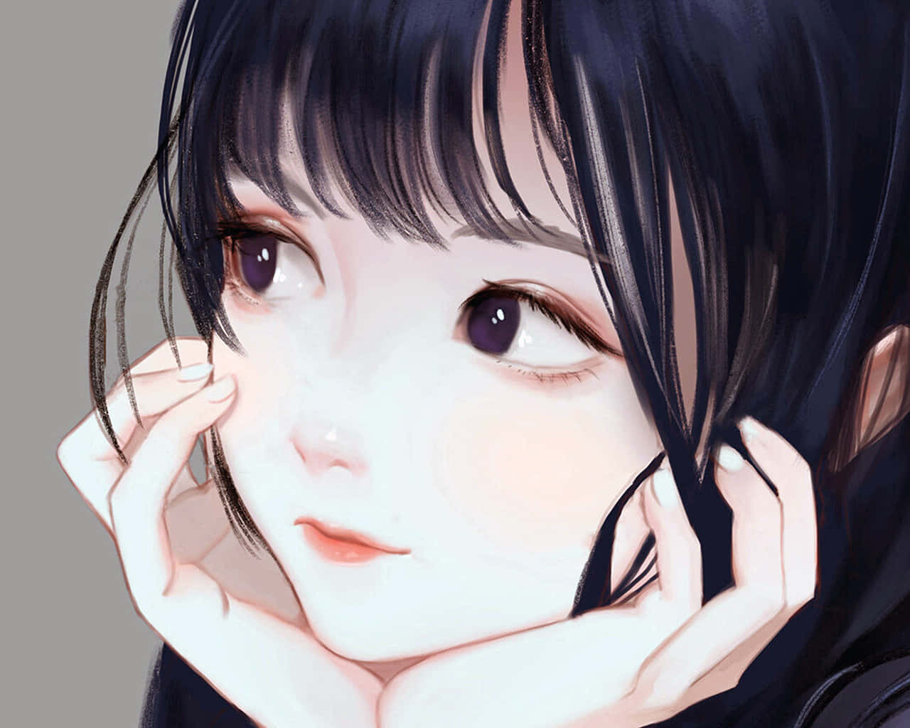 動漫藝術GIF 桌布 壁紙 — 一個特寫動漫女孩，深色頭髮和紫色眼睛，雙手輕輕捧著臉，背景是柔和的灰色。