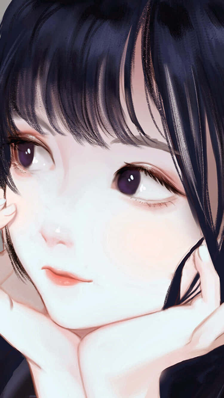 少女風 桌布 壁紙 — 一個特寫動漫女孩，深色頭髮和紫色眼睛，雙手托腮，表情溫柔柔和。