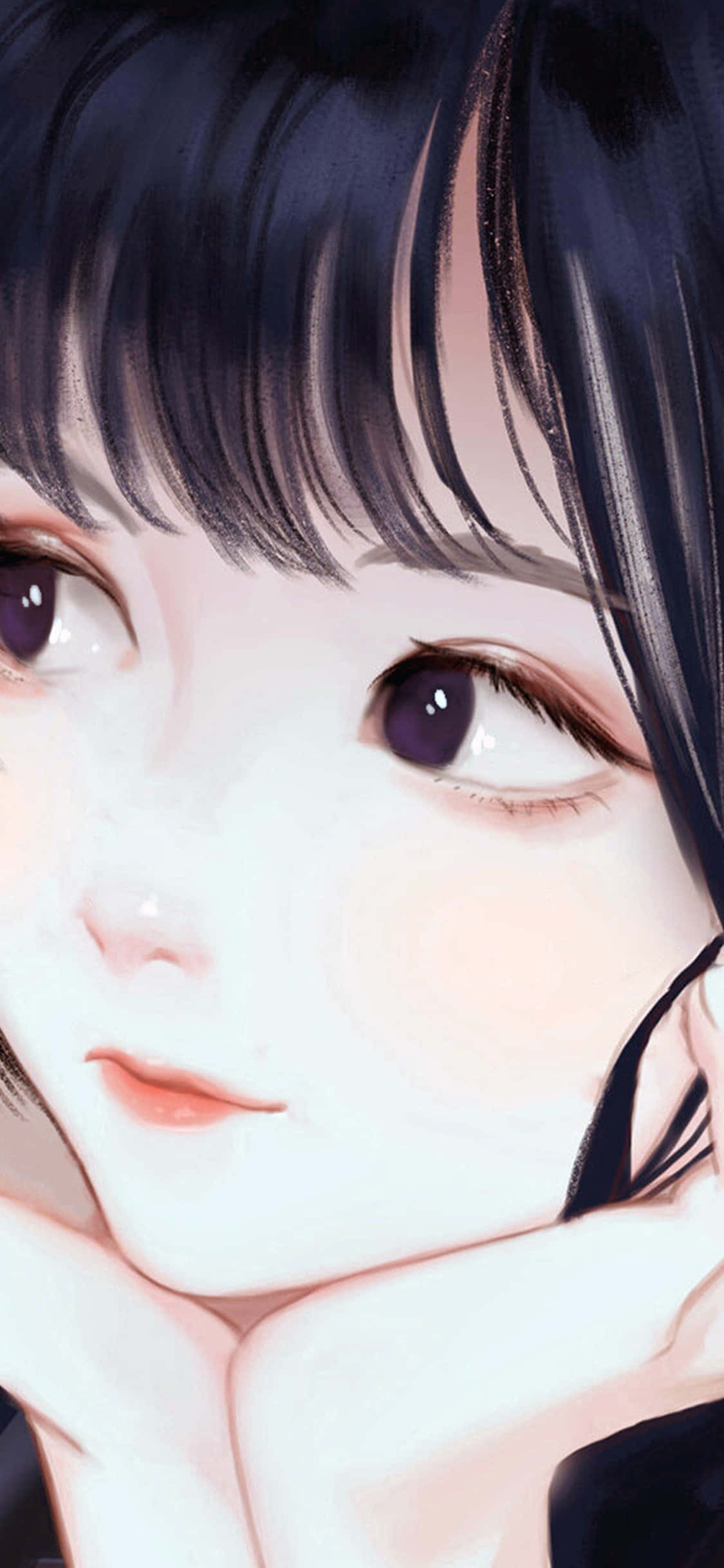 Cute Girl 桌布 壁紙 — 一個特寫動漫女孩，深色頭髮和紫色眼睛，雙手托腮，表情柔和溫柔。