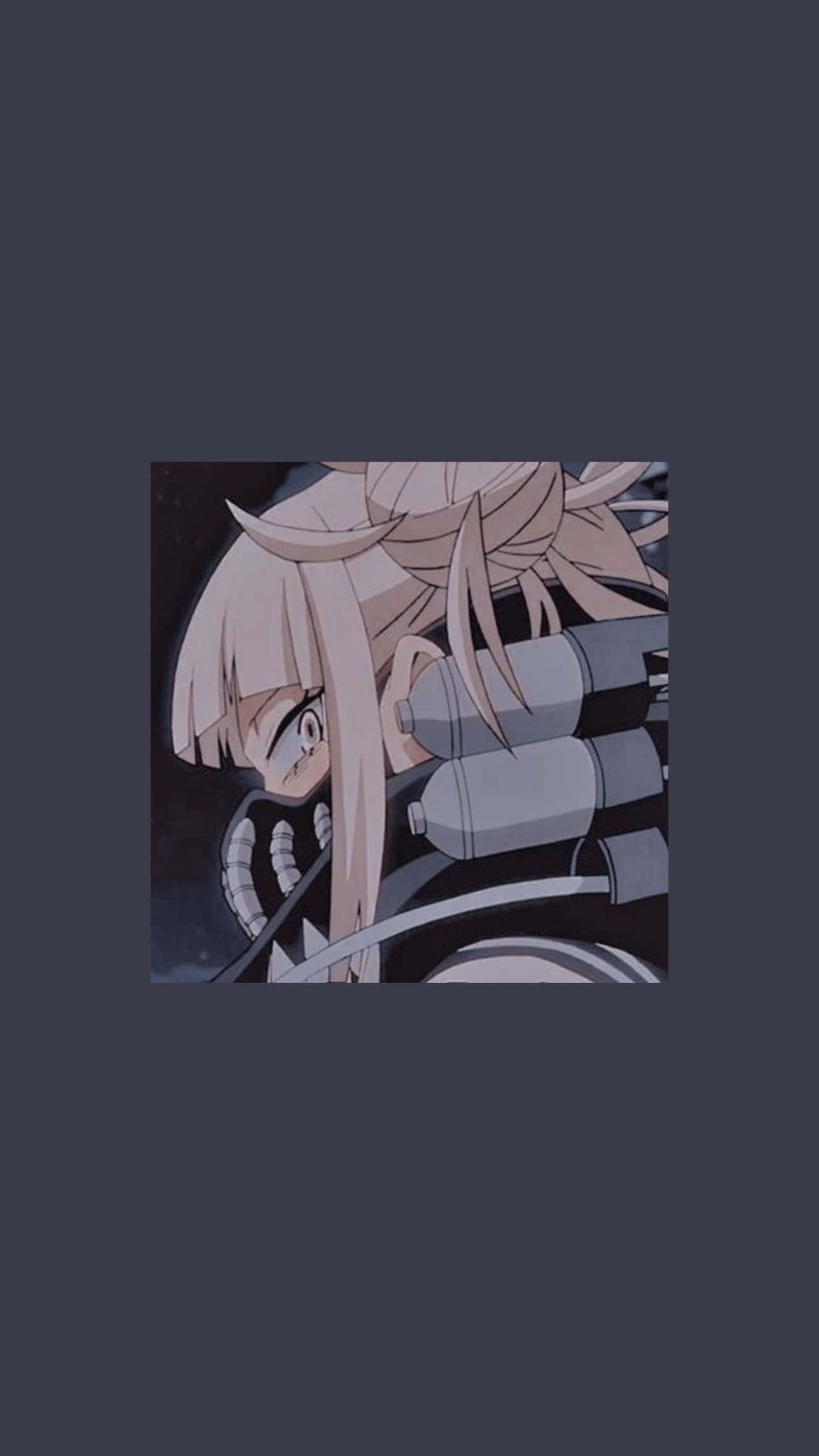 Himiko Toga Aesthetic 桌布 壁紙 — 一個特寫動漫女孩，淺粉紅色頭髮，脖子上有機械齒輪，背景為深色。