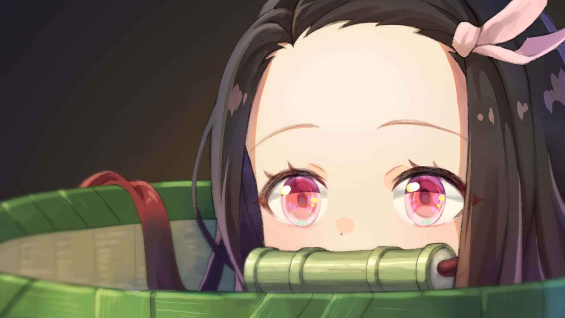 動漫女孩粉紅色眼睛夜晚在竹籬笆上偷看。 — 鬼滅之刃 4K 壁紙