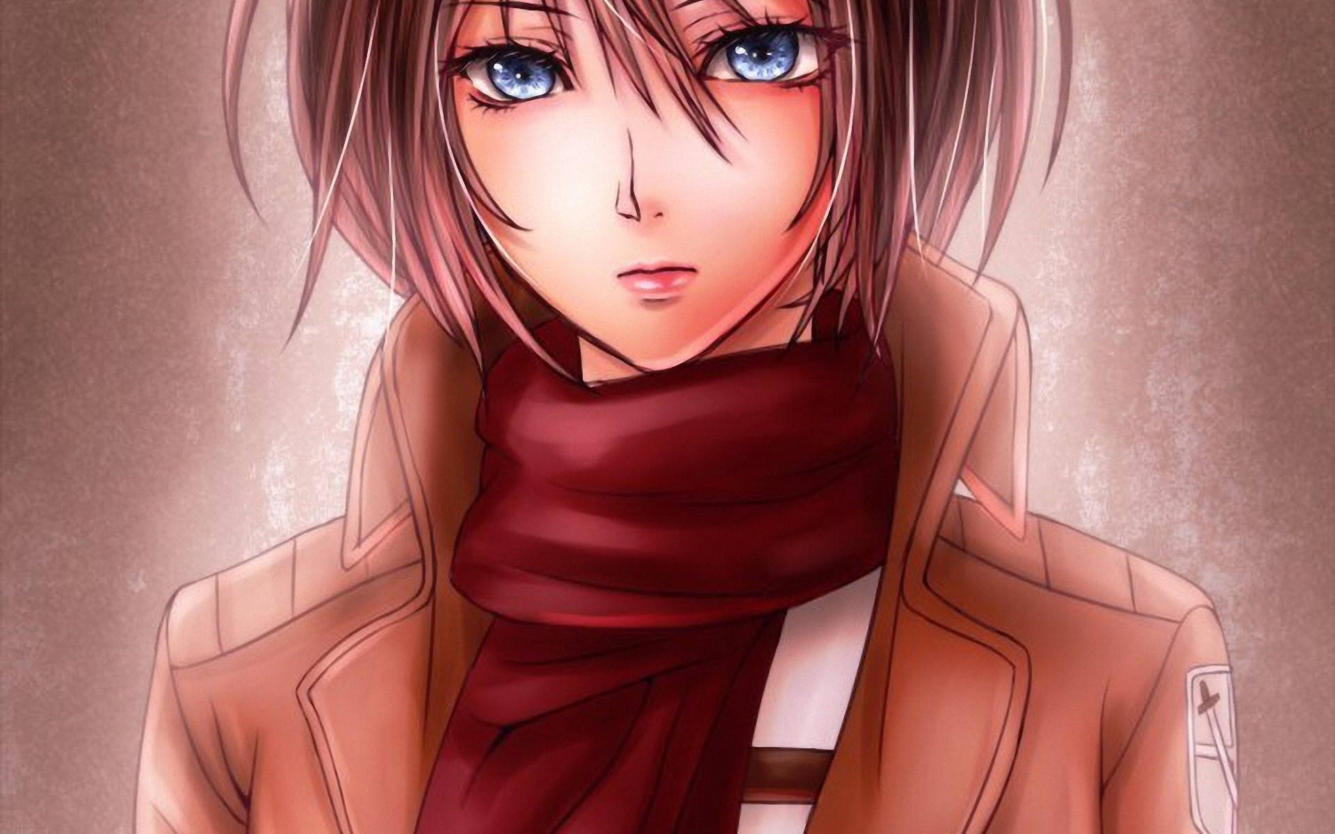Aot 桌布 壁紙 — 一個特寫動漫女孩，藍眼睛、粉紅色頭髮，戴著紅色圍巾和棕色外套，背景柔和。