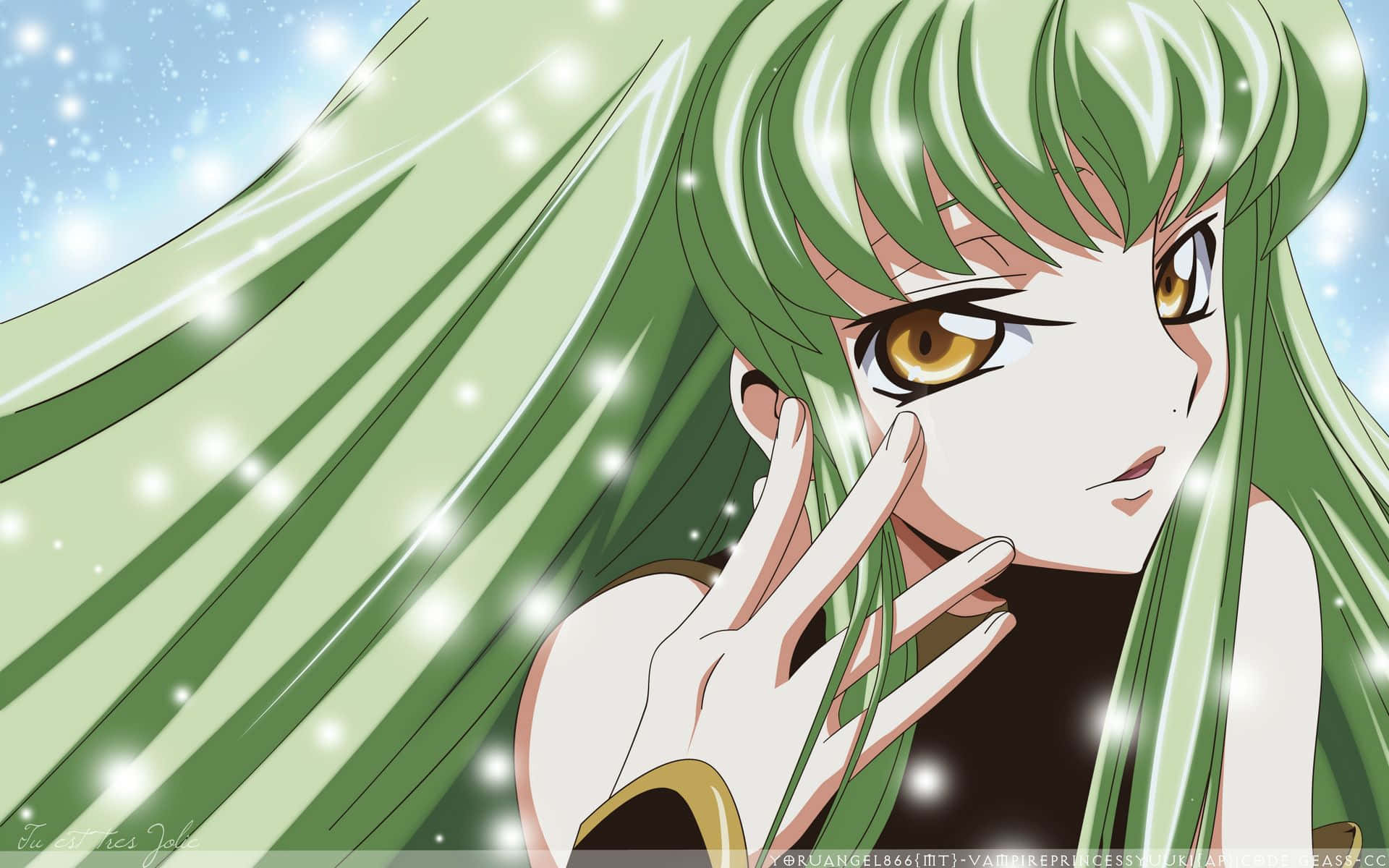 Cute Aesthetic Anime Desktop 桌布 壁紙 — 一個特寫動漫女孩，長長的綠色頭髮和金色眼睛，輕輕地將臉貼在閃閃發光的藍色背景上。