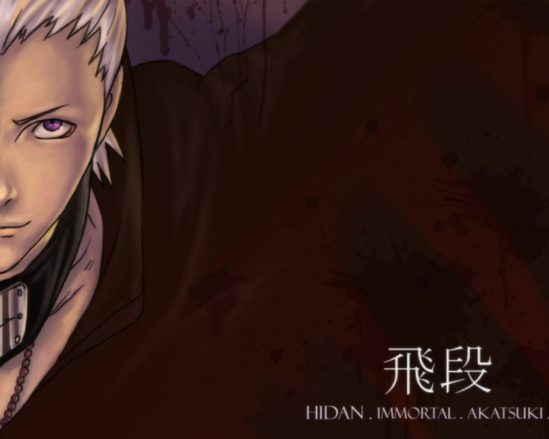 hidan akatsuki 桌布 壁紙 — 一個特寫動漫肖像，一個擁有尖刺白髮和紫色眼睛的男人，背景是深紅色飛濺。