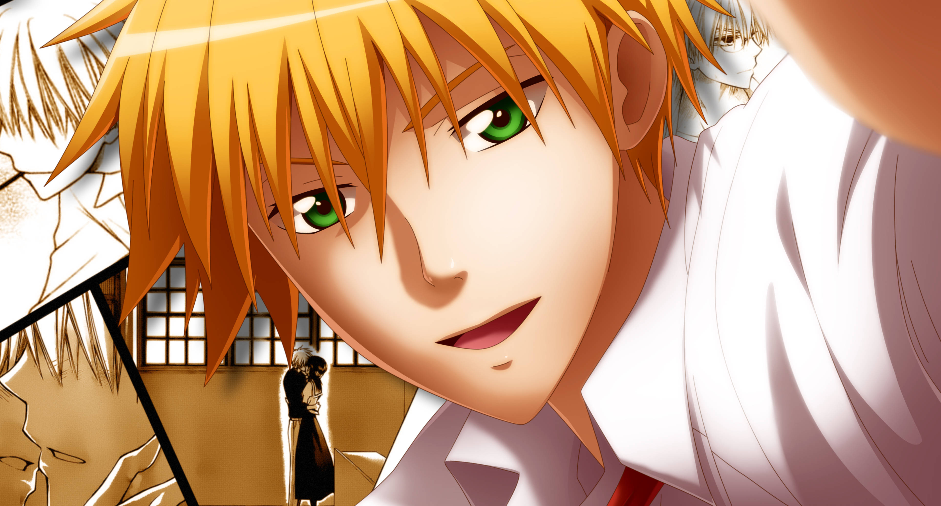 Kaichou Wa Maid Sama 桌布 壁紙 — 一個特寫動漫角色，擁有尖刺橙色頭髮和綠色眼睛，直視前方，背景中有一對情侶擁抱。