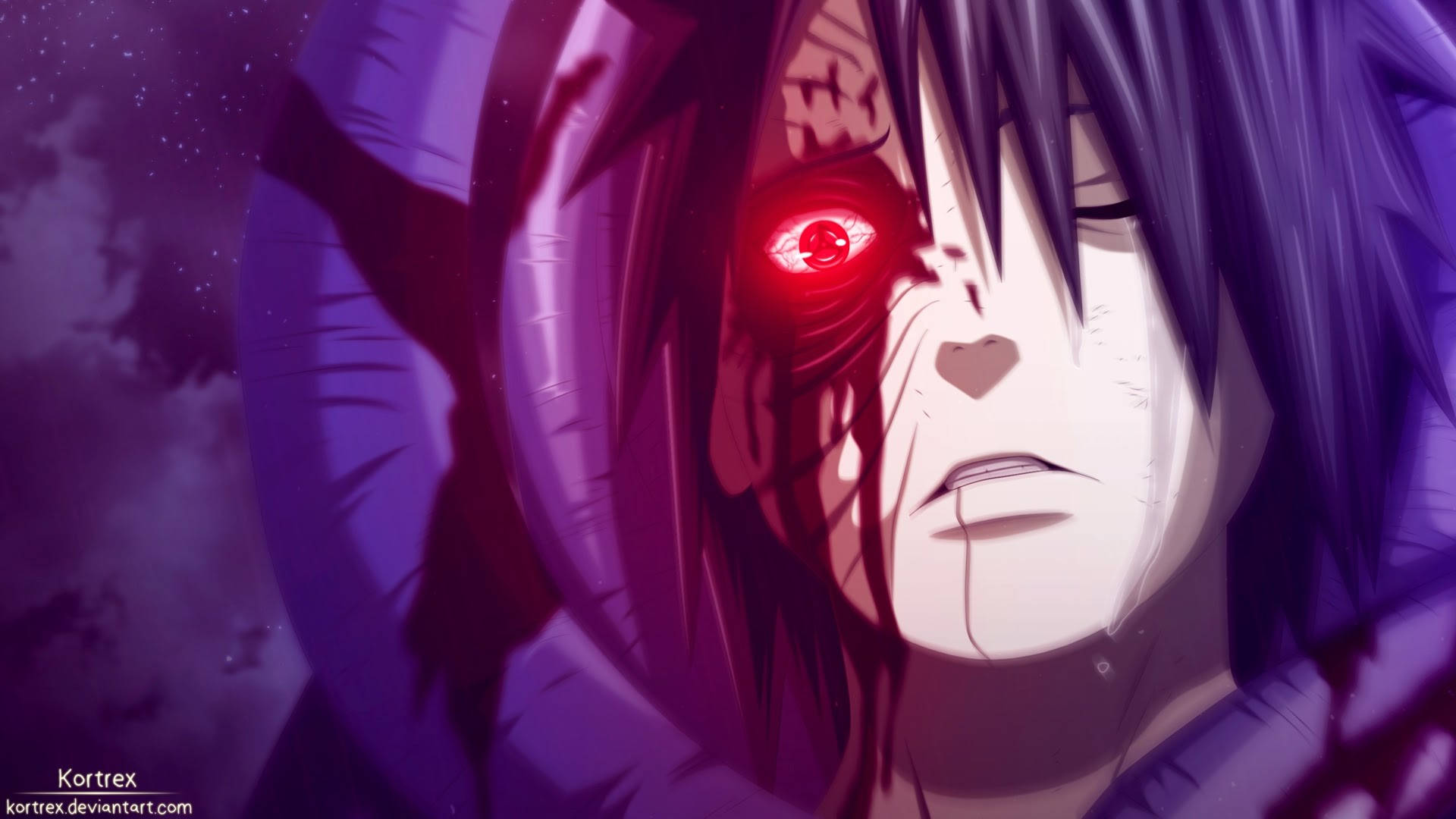 Obito Uchiha 桌布 壁紙 — 一個特寫動漫角色，擁有發光的紅色眼睛和深紫色頭髮，背景是星空夜空。