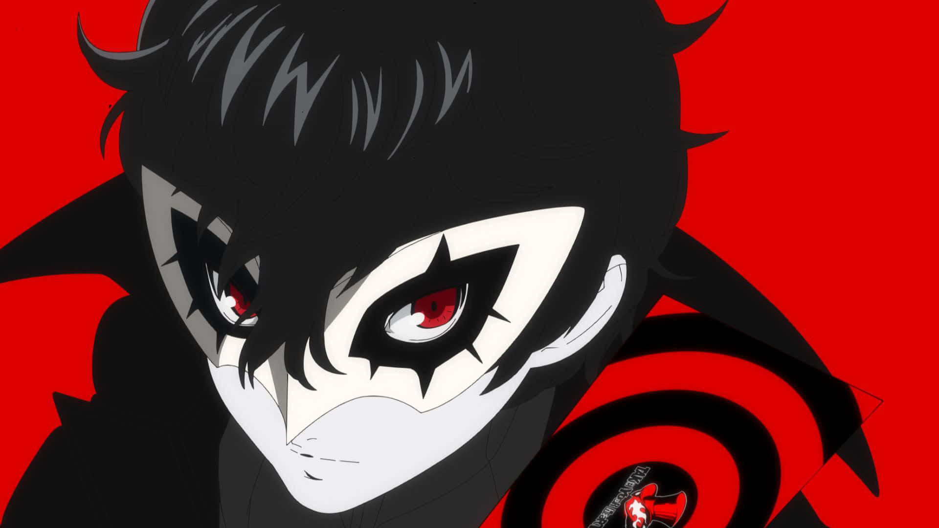 Joker Persona 5 桌布 壁紙 — 一個特寫動漫角色，黑色頭髮、紅色眼睛，戴著白色面具，背景為鮮紅色。