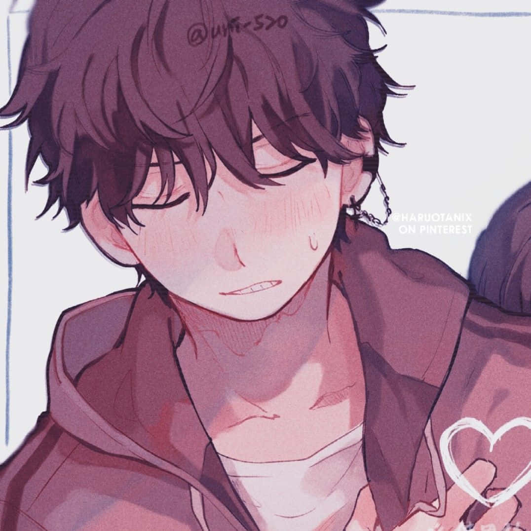動漫男孩 桌布 壁紙 — 一個特寫動畫男孩，凌亂的深色頭髮，害羞地臉紅，同時拿著一個心形物體。