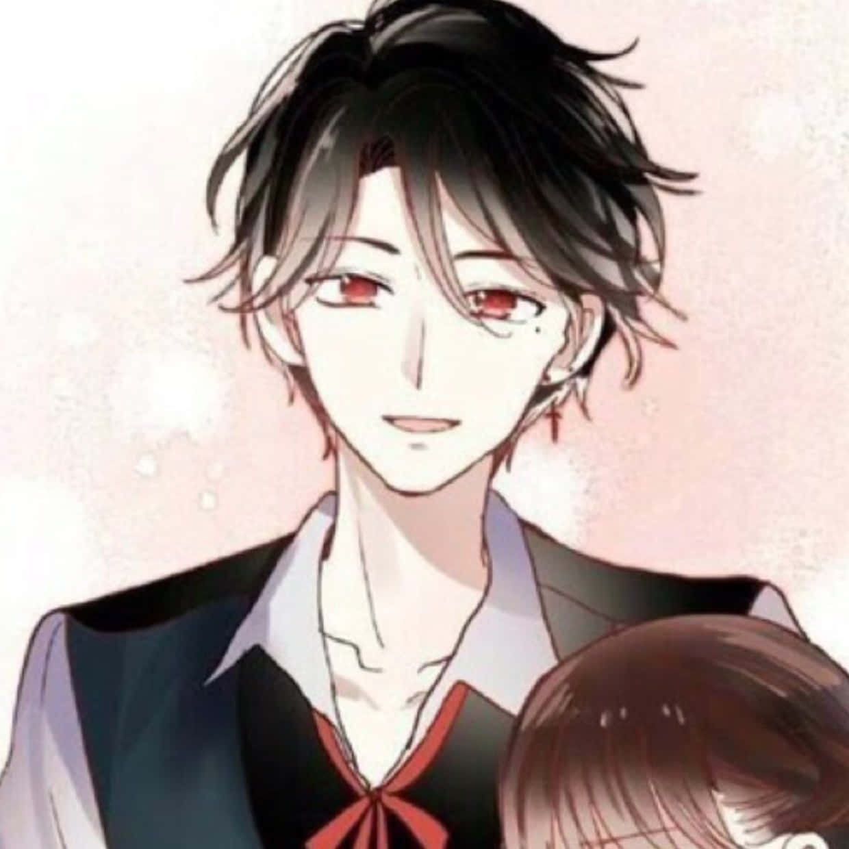 動漫男孩 桌布 壁紙 — 一個特寫動畫肖像，一個年輕男子有著凌亂的黑髮和紅眼睛，抱著一個棕色頭髮的女孩。