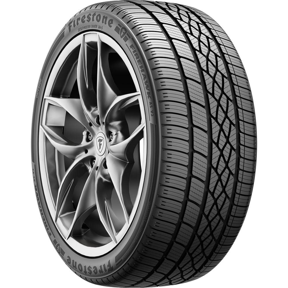 Firestone 桌布 壁紙 — 一個特寫工作室拍攝的Firestone Firehawk RS2輪胎，安裝在時尚的銀色多輻輪圈上，背景為白色。