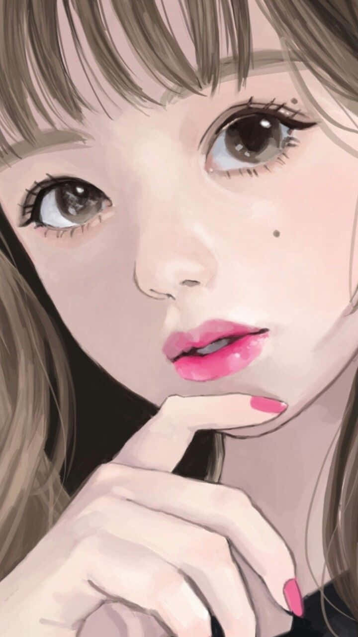 動漫女孩 桌布 壁紙 — 一個特寫的動漫女孩，擁有大大的棕色眼睛和粉紅色的嘴唇，輕輕地將手指放在下巴上。