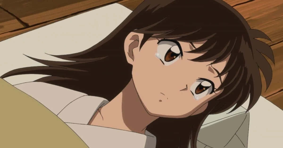 Inuyasha Rin 桌布 壁紙 — 一個特寫的動漫女孩，棕色頭髮，淚眼汪汪，從木地板上抬頭看，穿著白色襯衫。