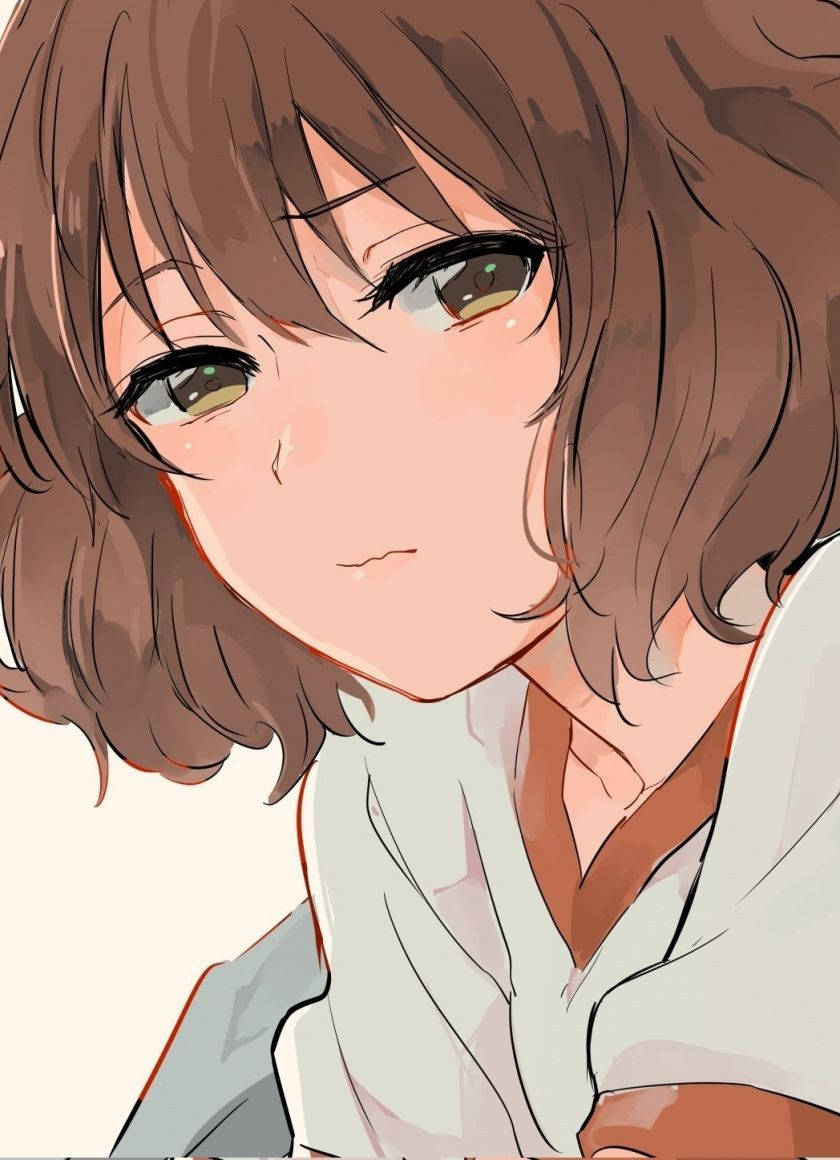 憂鬱少女美學 桌布 壁紙 — 一個特寫的動漫女孩，棕色頭髮和溫暖的眼睛，溫柔地凝視著，表情柔和。