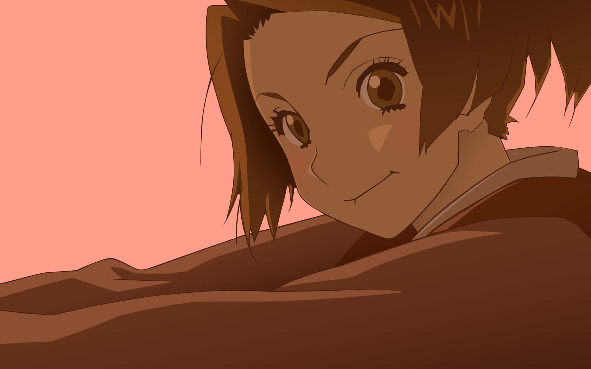 混沌武士 桌布 壁紙 — 一個特寫的動漫女孩，棕色頭髮和溫暖的眼睛，在柔和的粉紅色背景下溫柔地微笑。