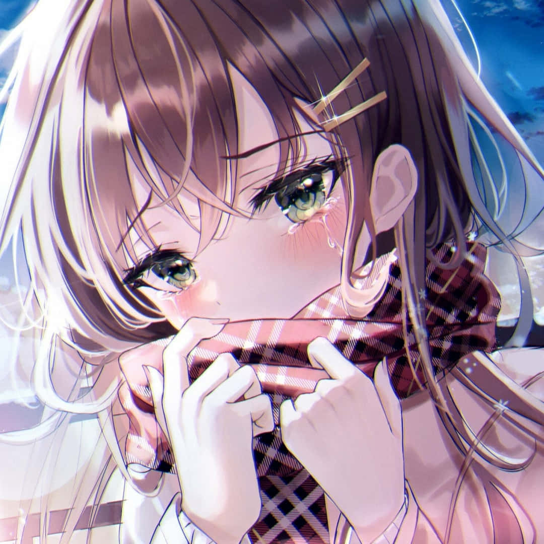 動漫 桌布 壁紙 — 一個特寫的動漫女孩，棕色頭髮和綠色眼睛，在明亮的藍天背景下輕輕哭泣，同時緊握著一條格子圍巾。