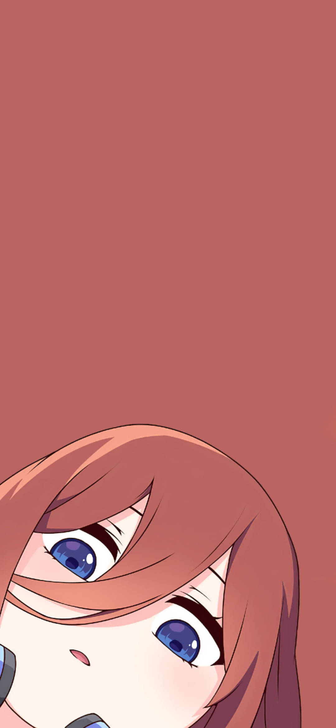 miku 桌布 壁紙 — 一個特寫的動漫女孩，棕色頭髮和藍色眼睛，從純色陶土背景中探出頭來。