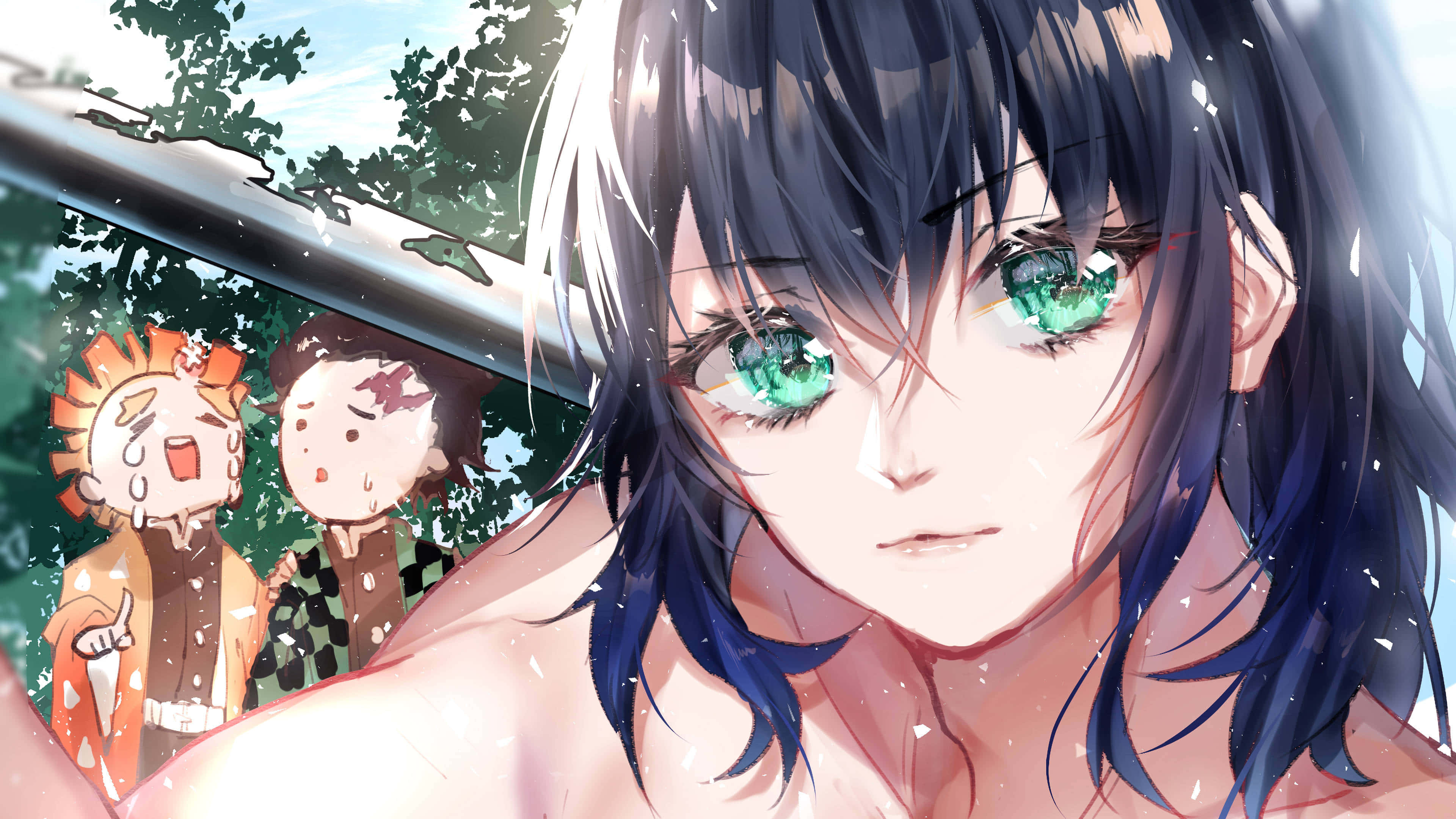 Inosuke Aesthetic 桌布 壁紙 — 一個特寫的動漫女孩，深色頭髮，發光的綠色眼睛，肩上扛著一把劍，背景中有兩個較小的角色在觀看。