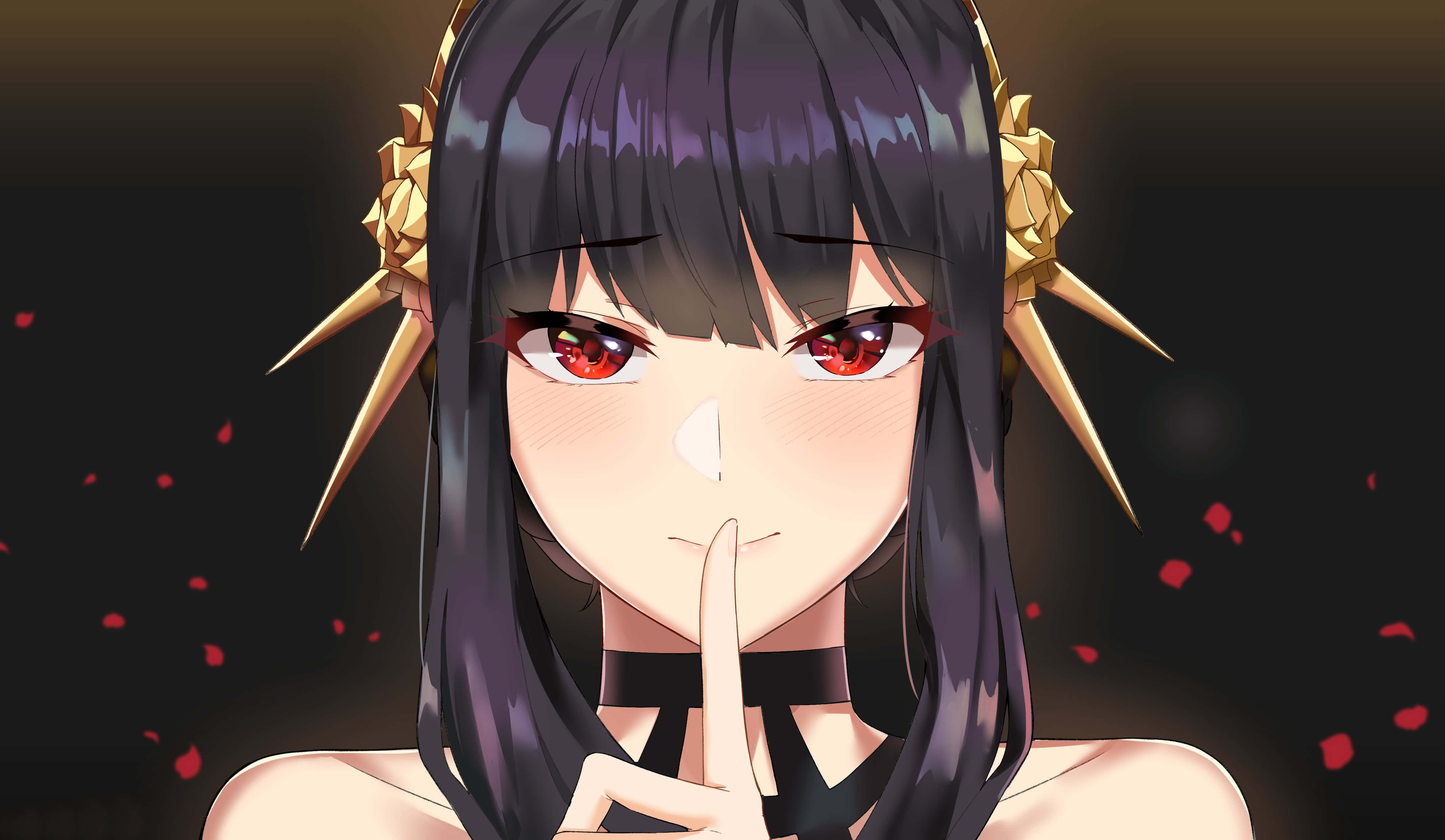 lovely girl 桌布 壁紙 — 一個特寫的動漫女孩，深色頭髮和紅色眼睛，在黑暗背景中漂浮的紅色花瓣中將手指放在嘴唇上。