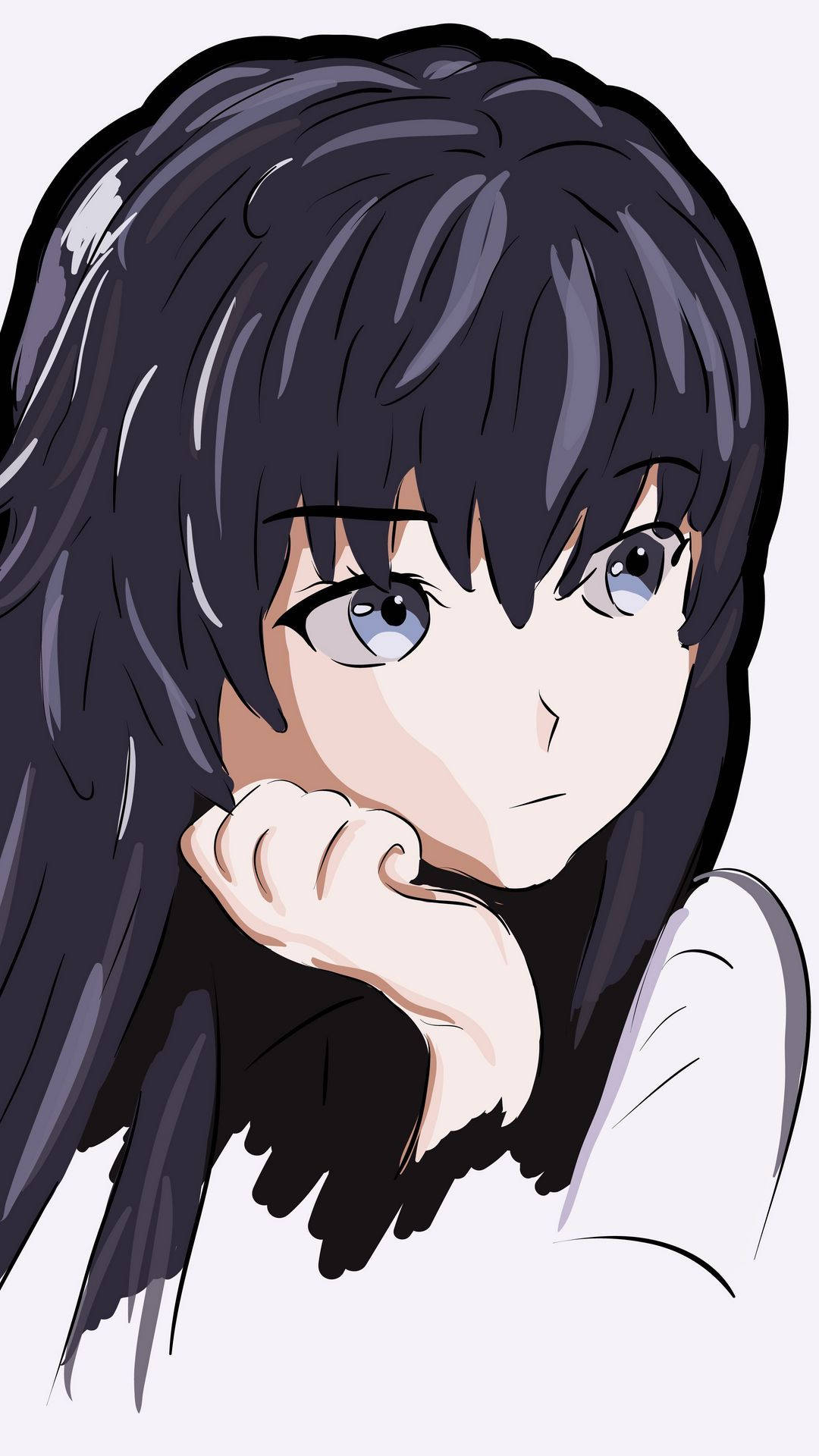憂鬱動漫女孩 桌布 壁紙 — 一個特寫的動漫女孩，深色頭髮和藍色眼睛，托腮沉思。