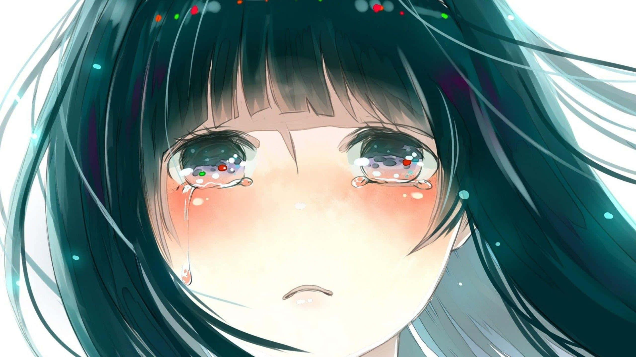 可憐動漫 桌布 壁紙 — 一個特寫的動漫女孩，深青色頭髮和閃閃發光的眼睛，在明亮的白色背景上流下一滴眼淚。