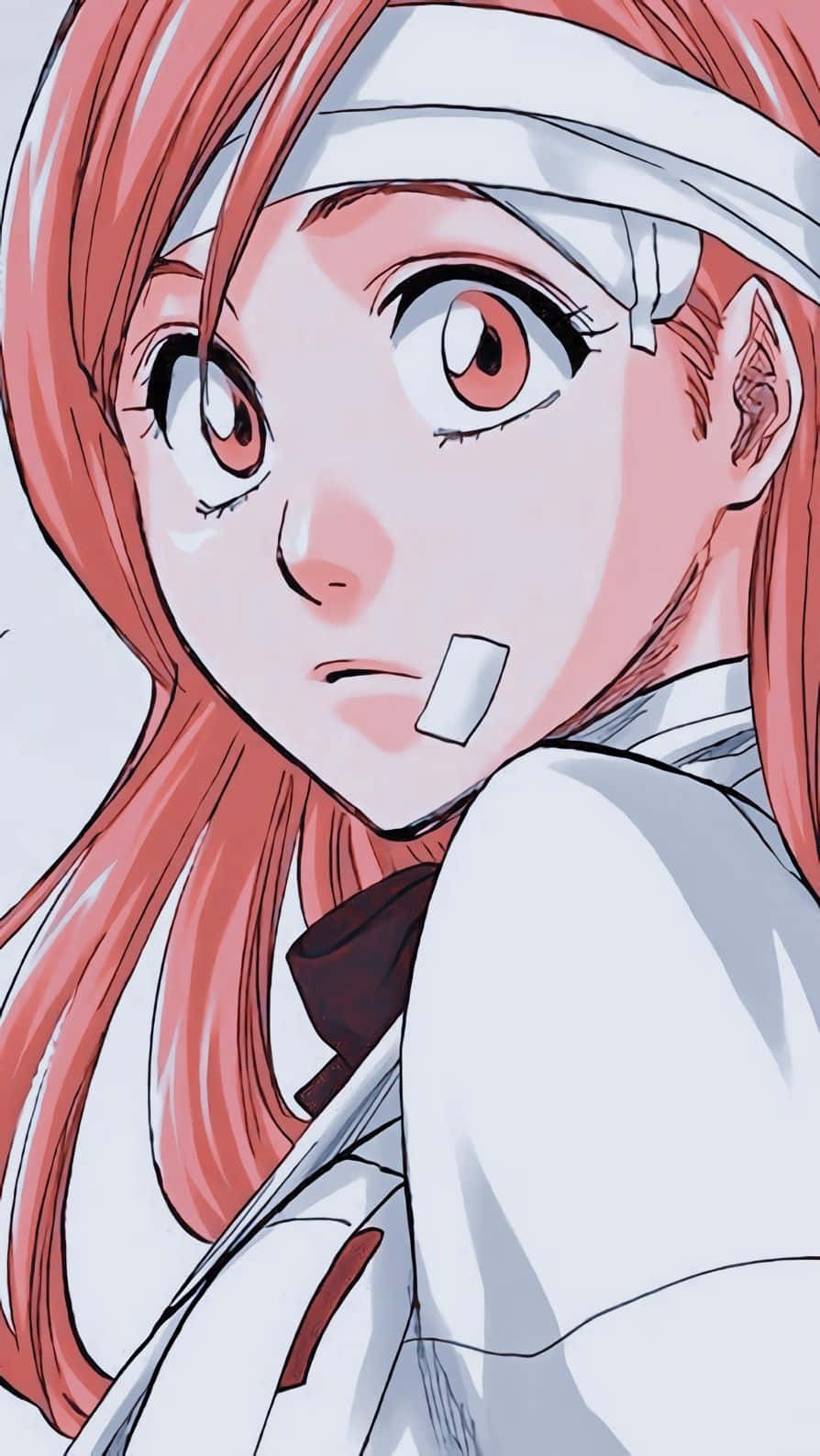 Orihime Inoue 桌布 壁紙 — 一個特寫的動漫女孩，紅髮，頭部和臉頰上纏著繃帶，正凝視著觀眾。
