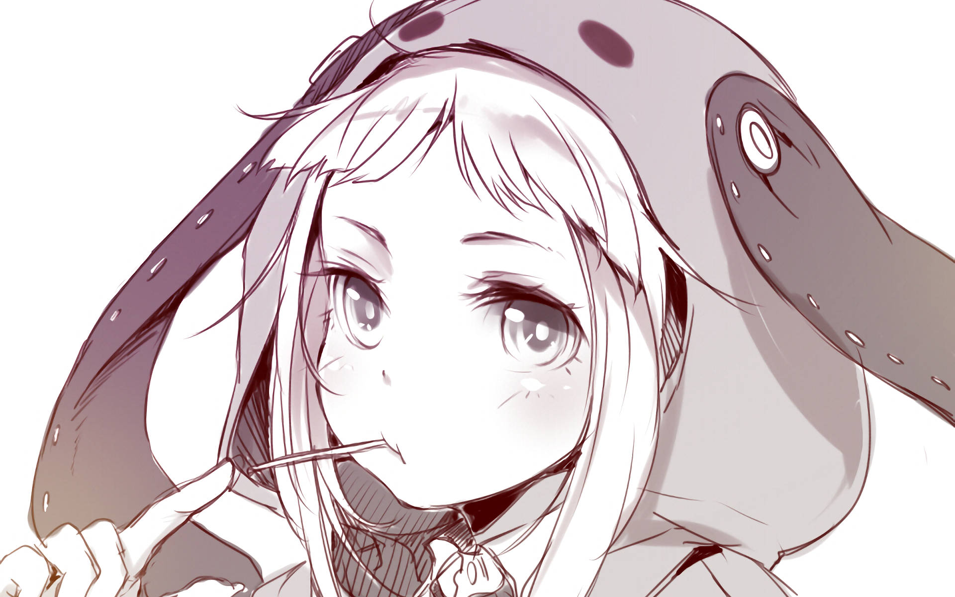 Runa Yomozuki 桌布 壁紙 — 一個特寫的動漫女孩，長長的白髮和大而有表現力的眼睛，穿著灰色章魚主題連帽衫，同時拿著筷子貼近嘴唇。