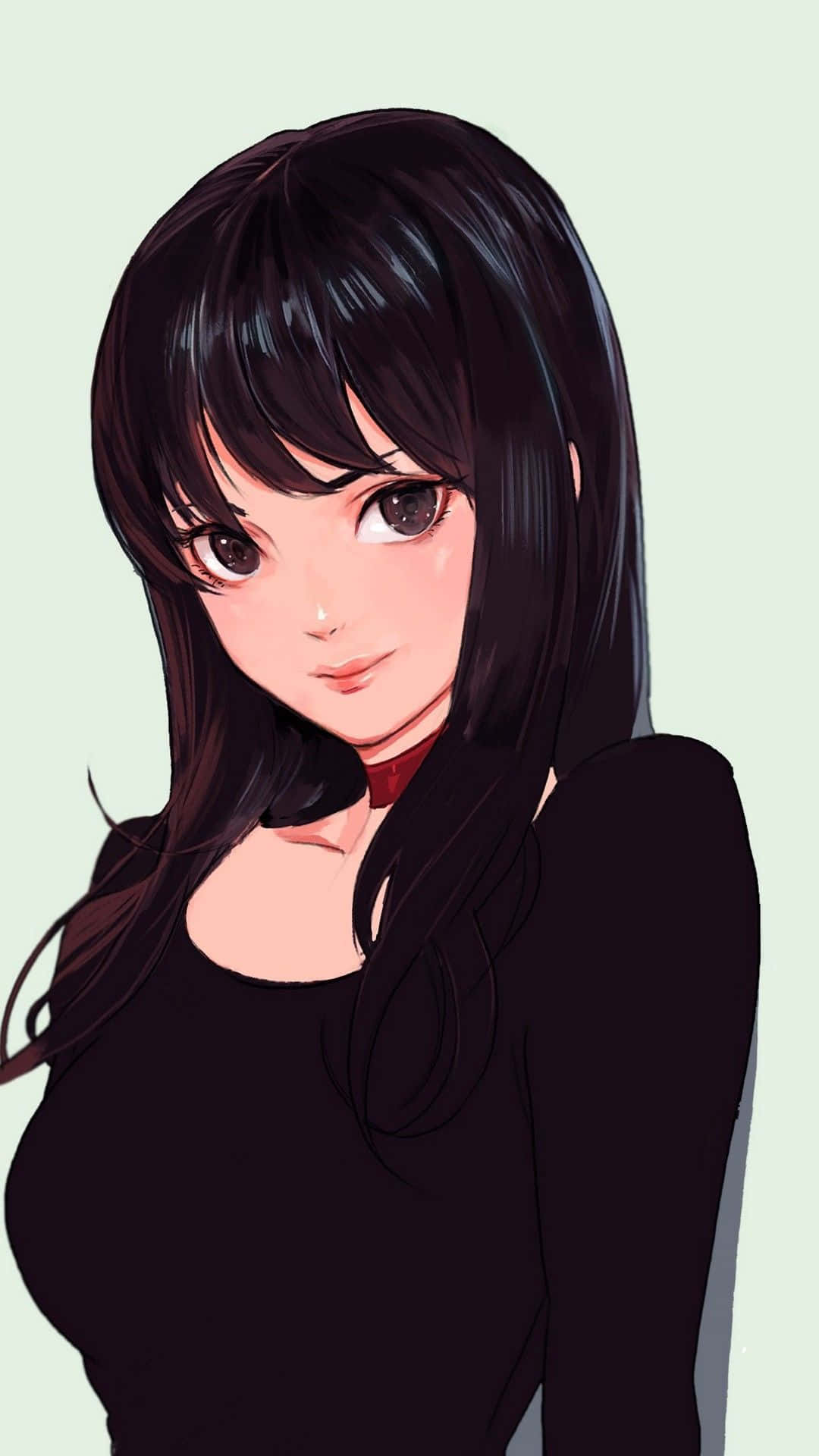 Naomi Misora 桌布 壁紙 — 一個特寫的動漫女孩，長長的黑髮和柔和的眼神，穿著黑色上衣，背景是淡薄荷色。