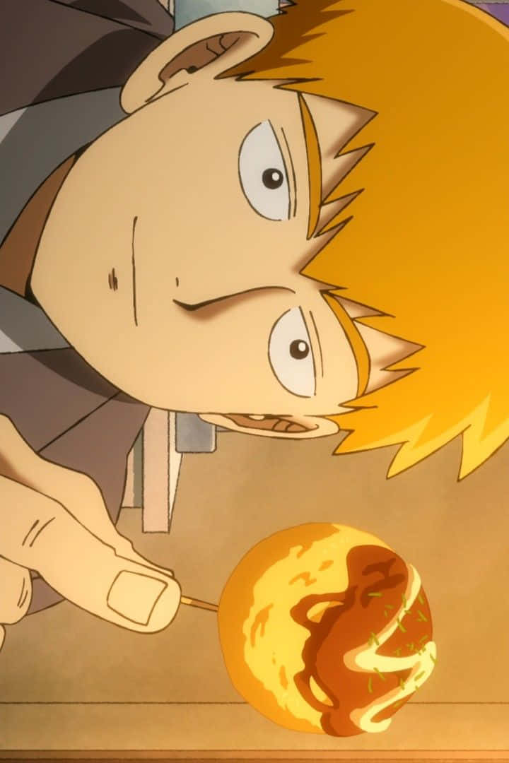 Arataka Reigen 桌布 壁紙 — 一個特寫的動漫男孩，有著刺刺的金色頭髮，低頭看著一個串著的甜甜圈，上面有巧克力和綠色糖粒。