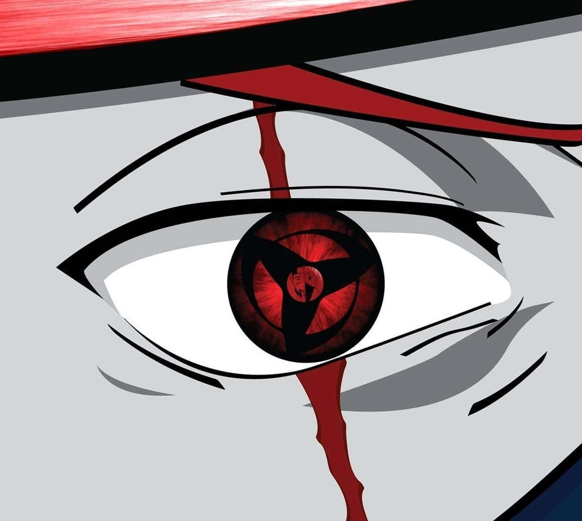 kakashi pfp 桌布 壁紙 — 一個特寫的動漫眼睛，帶有紅色巴紋圖案，眼角滴血。