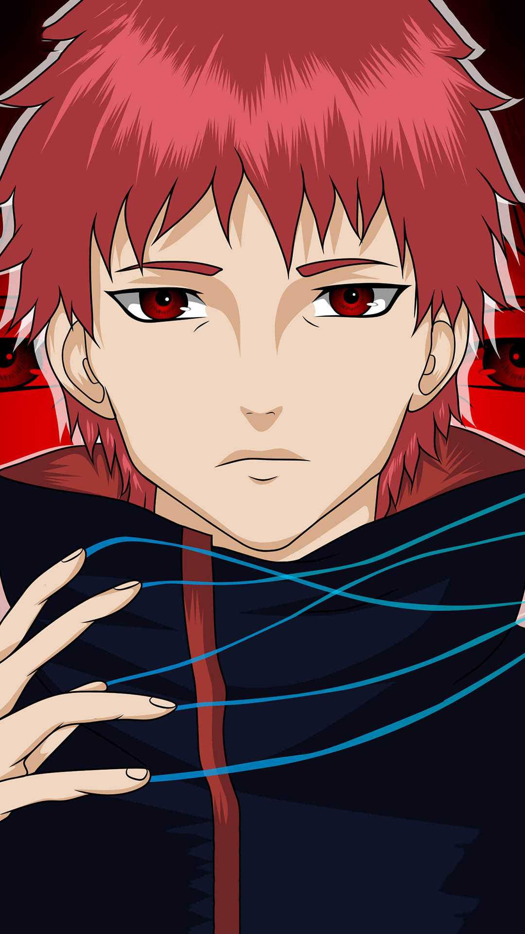 Sasori 桌布 壁紙 — 一個特寫的動漫角色，擁有尖刺的紅髮和強烈的紅眼睛，穿著一件帶有藍色線條流動的黑色斗篷。