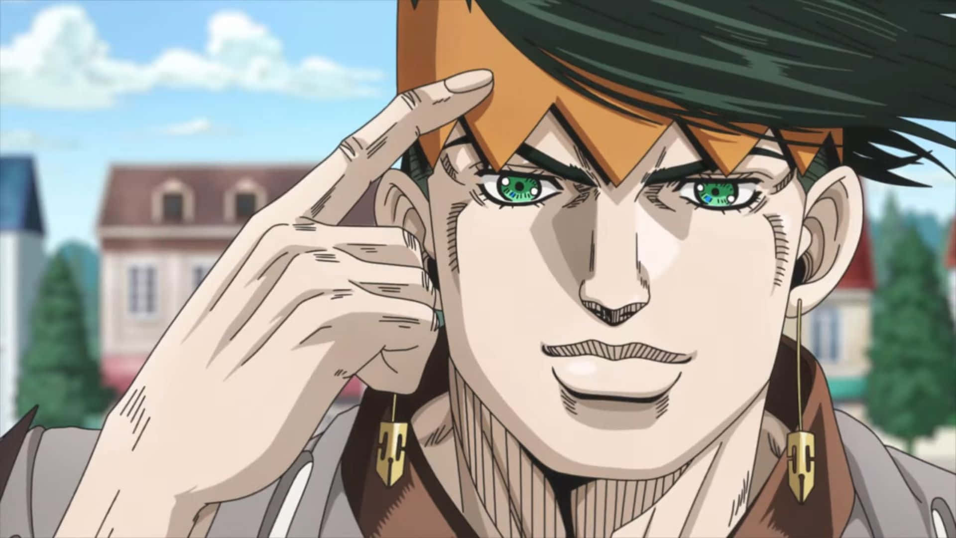 Rohan Kishibe 桌布 壁紙 — 一個特寫的動漫角色，擁有綠色眼睛和橙色頭髮，在村莊背景下以嚴肅的表情敬禮。