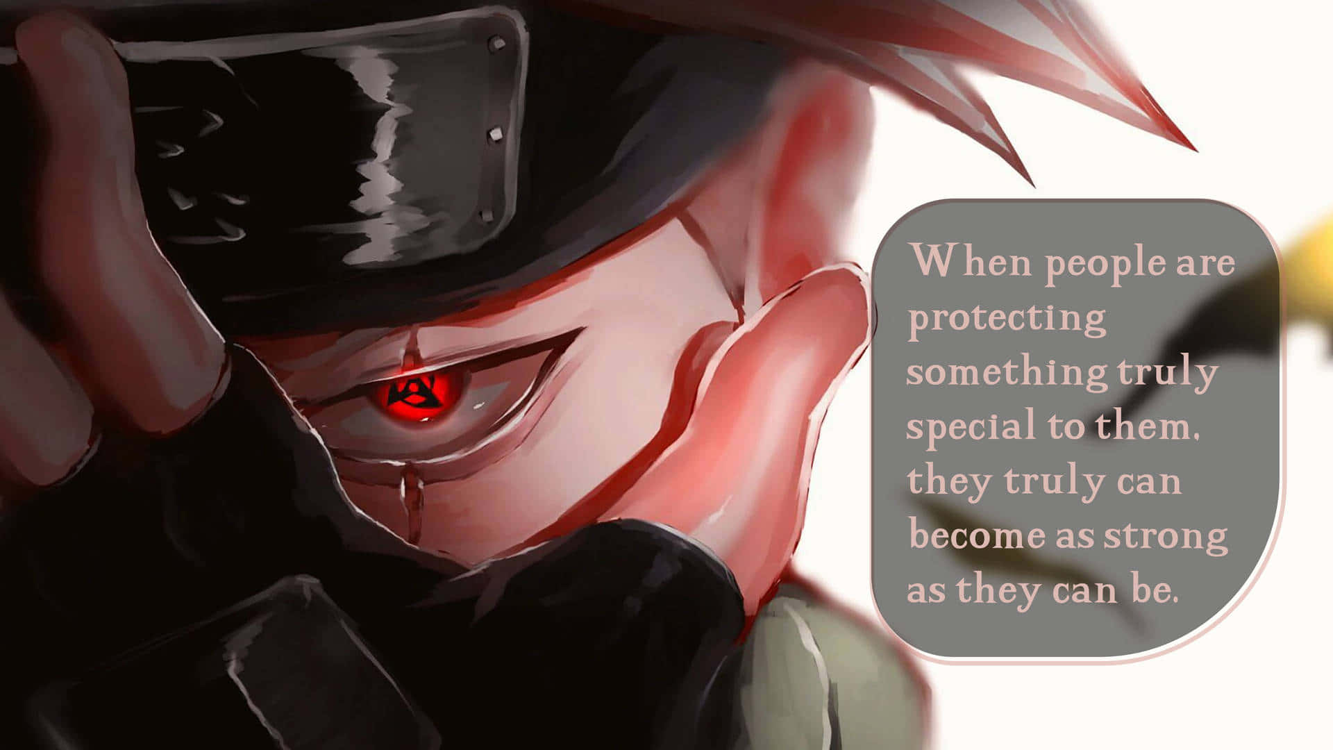 Kakashi Quotes 桌布 壁紙 — 一個特寫的動漫角色，紅眼睛和黑色面具，在強烈情感時刻緊抓著自己的臉。