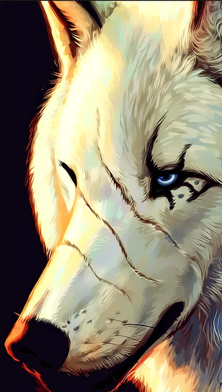 Wolf iPhone 桌布 壁紙 — 一個特寫的數位插圖，描繪一隻白狼，擁有銳利的藍色眼睛，在溫暖的金色光芒照射下，背景為黑暗。