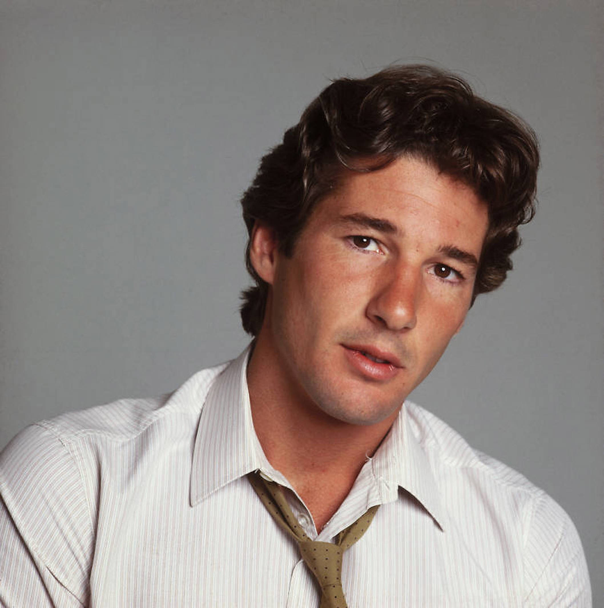 Richard Gere 桌布 壁紙 — 一個特寫肖像，一名波浪形棕色頭髮的男子穿著白色條紋襯衫和鬆開的領帶，背景為純灰色。