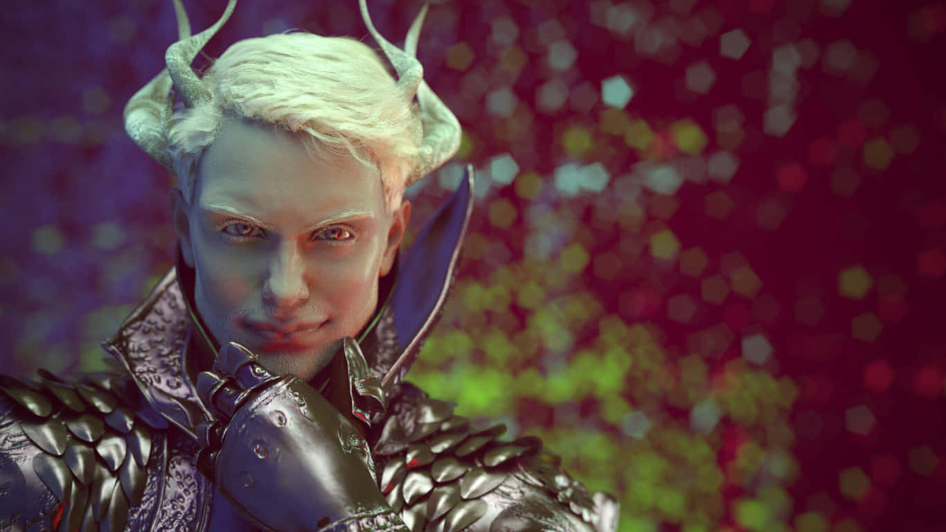 1366x768 Dragon Age Inquisition 桌布 壁紙 — 一個特寫鏡頭，一個蒼白皮膚的奇幻角色，白色頭髮和角，穿著華麗的暗色盔甲，背景是色彩繽紛的散景。