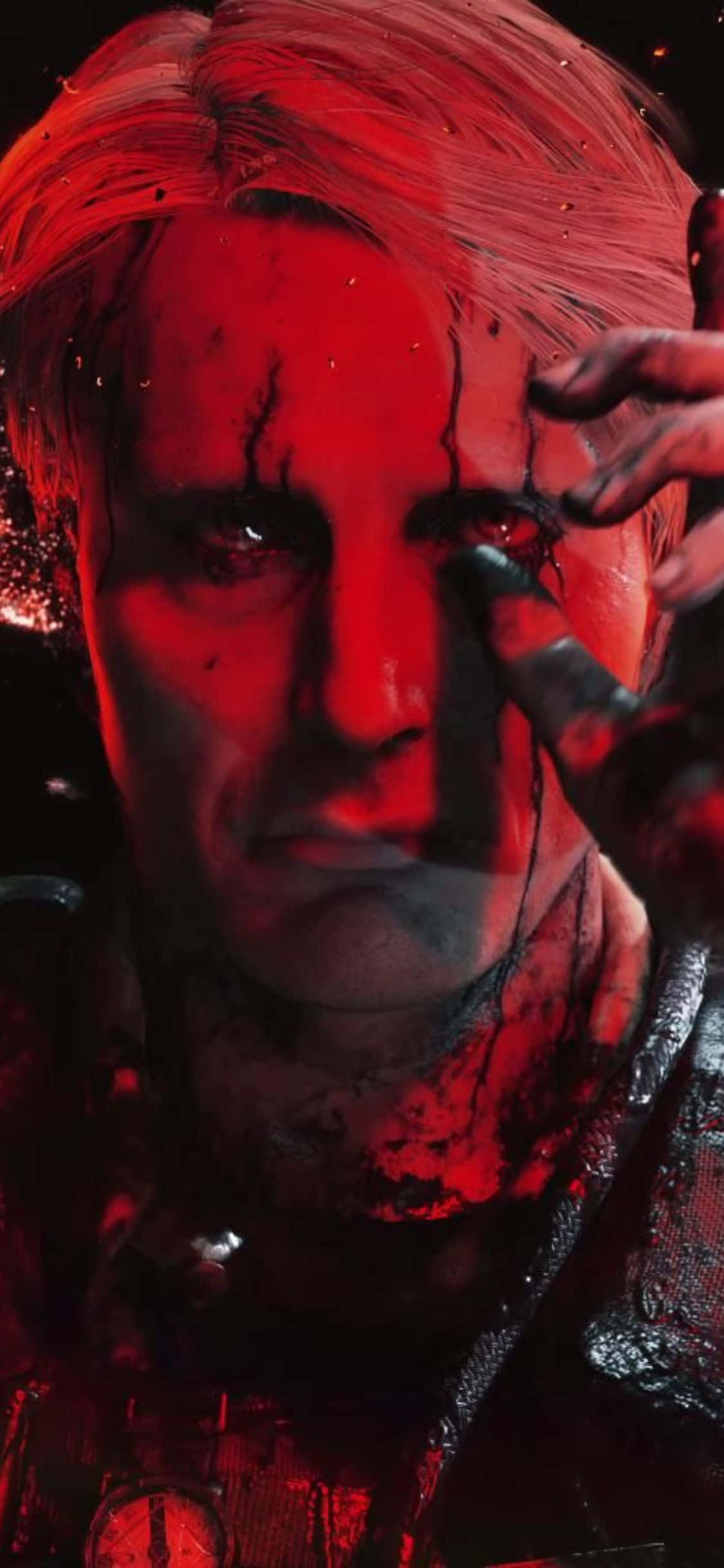 iPhone X Death Stranding 桌布 壁紙 — 一個特寫鏡頭，一名男子在強烈紅光下，蒼白的頭髮和臉上的血痕。