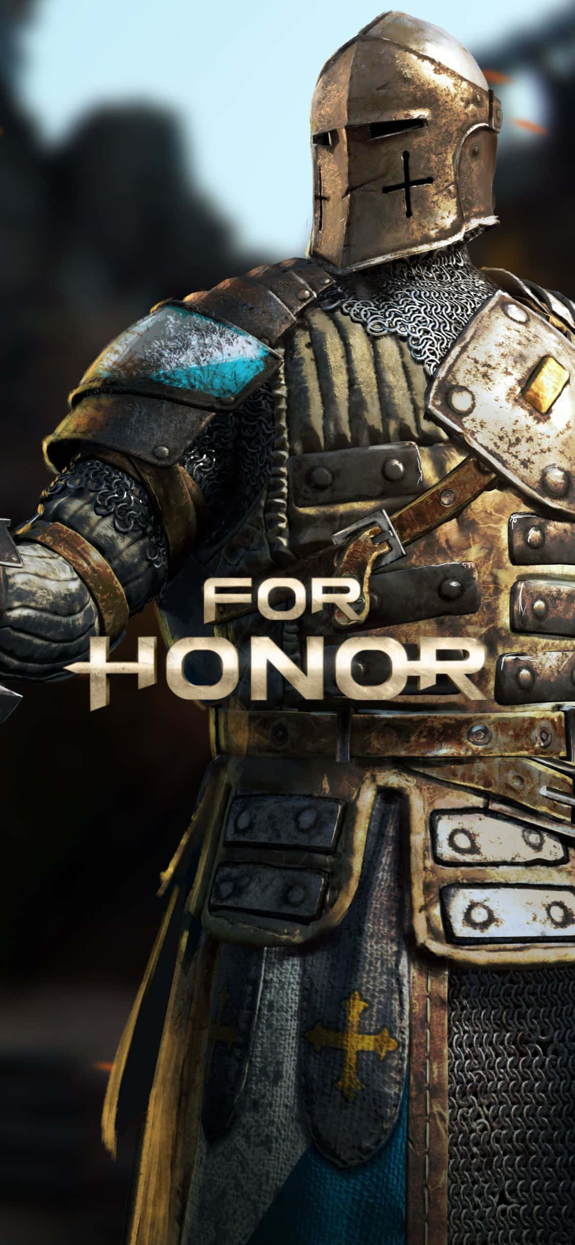 iPhone Xs For Honor 桌布 壁紙 — 一個特寫鏡頭，展示一位身穿精細盔甲、帶有十字徽章的飽經風霜的中世紀騎士，背景是模糊的戰場。