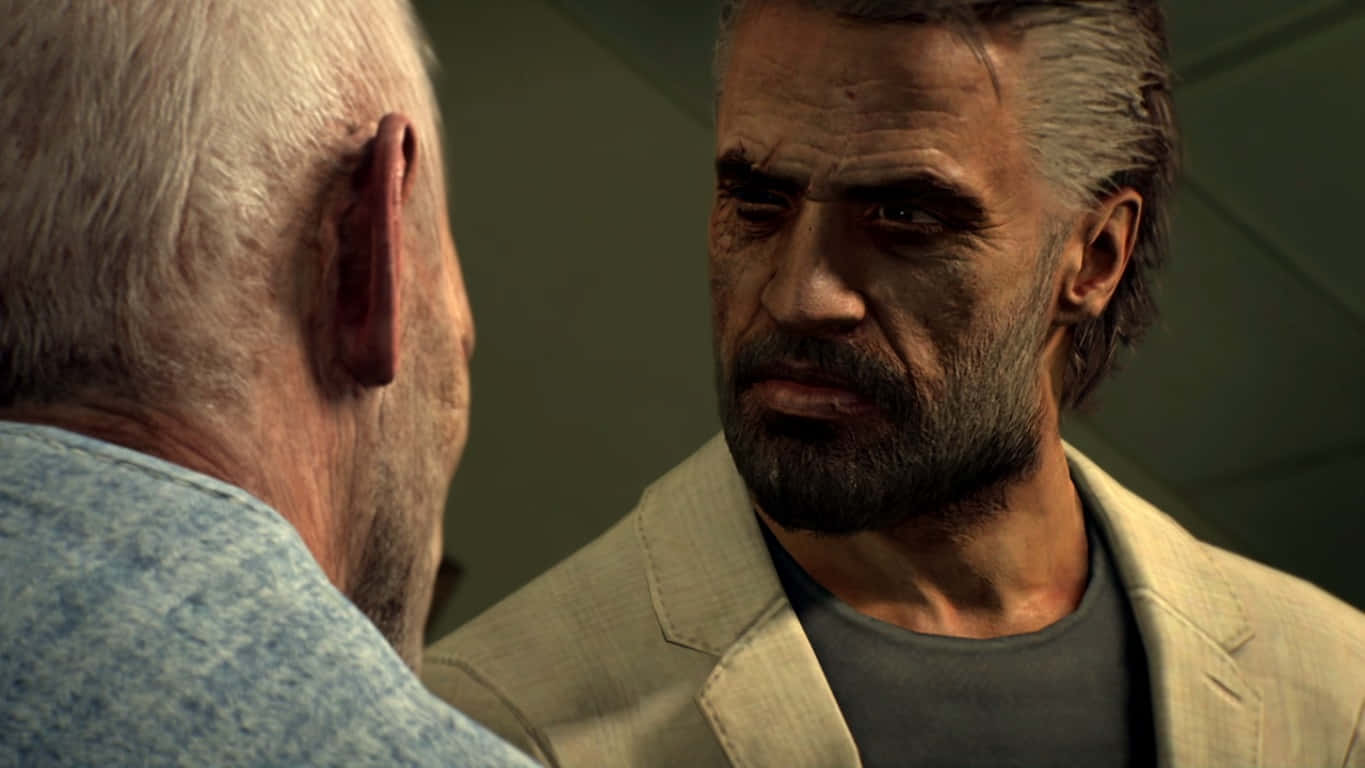 Call Of Duty Raul Menendez 桌布 壁紙 — 一個特寫鏡頭，展示一位飽經風霜、灰白頭髮和鬍鬚的男人，在昏暗的房間裡專注地凝視著一位年長的男人。