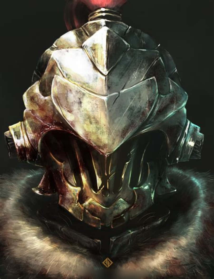 Goblin Slayer 桌布 壁紙 — 一個特寫鏡頭，展示一個帶有毛皮襯裡領子的風化金屬頭盔，背景為深色。