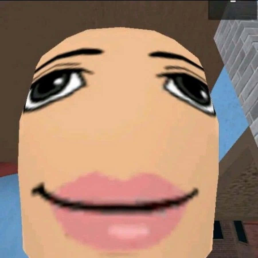 Roblox 桌布 壁紙 — 一個特寫鏡頭，展示一個風格化的卡通面孔，大眼睛和微妙的微笑，背景是模糊的城市景觀。