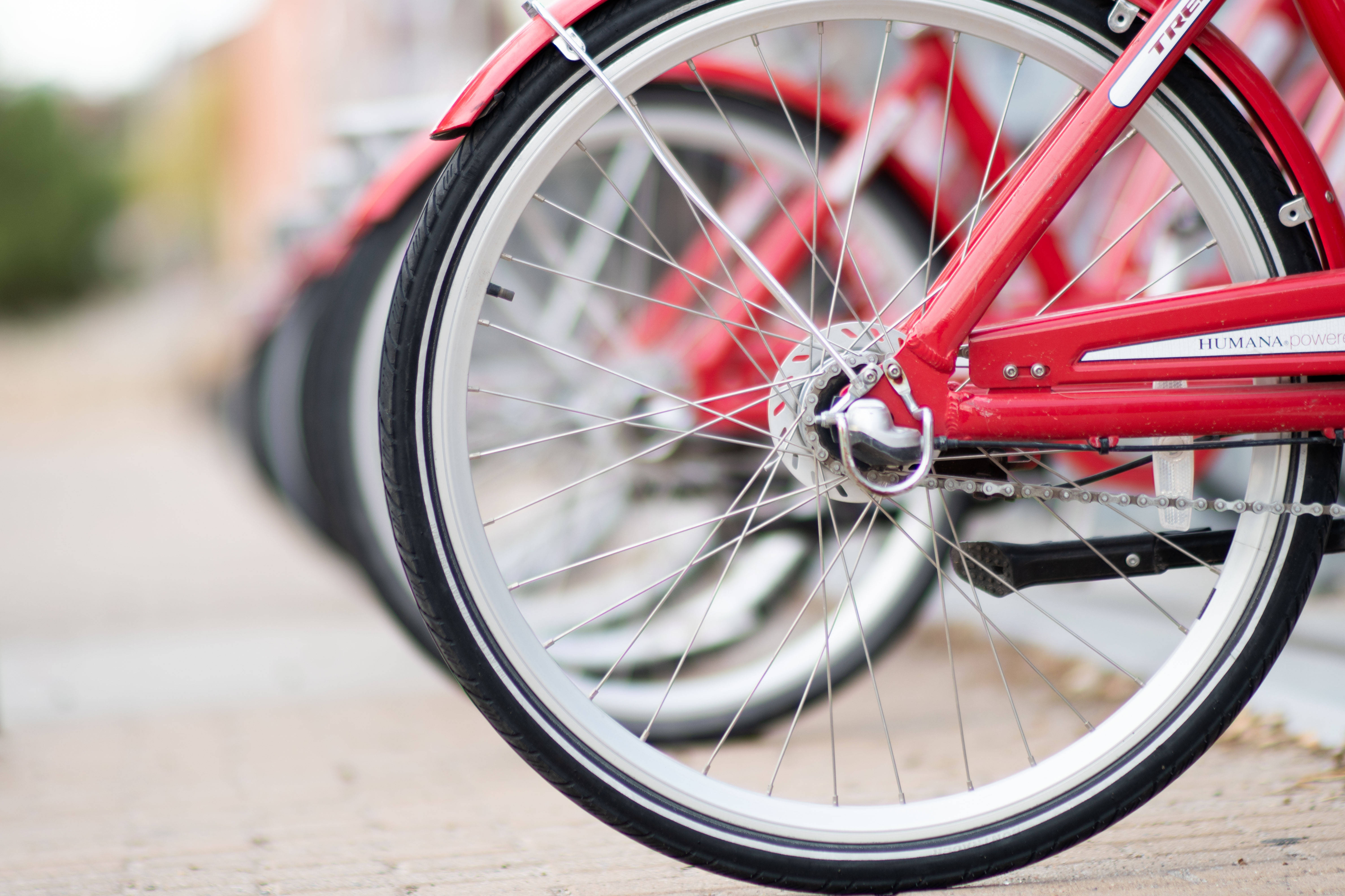 Bicycle 桌布 壁紙 — 一個特寫鏡頭，展示一個鮮紅色自行車輪，帶有白色輪圈和銀色輻條，停放在模糊背景的人行道上。