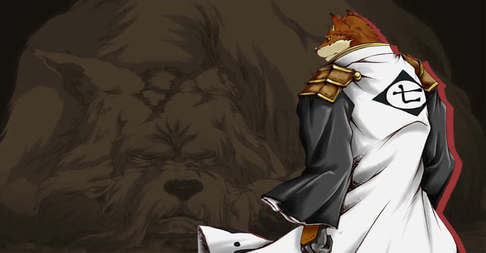 Sajin Komamura 桌布 壁紙 — 一個狐狸般的動漫角色，身穿帶有黑色徽章的白色外套，站在一個 looming 陰影狼臉前。