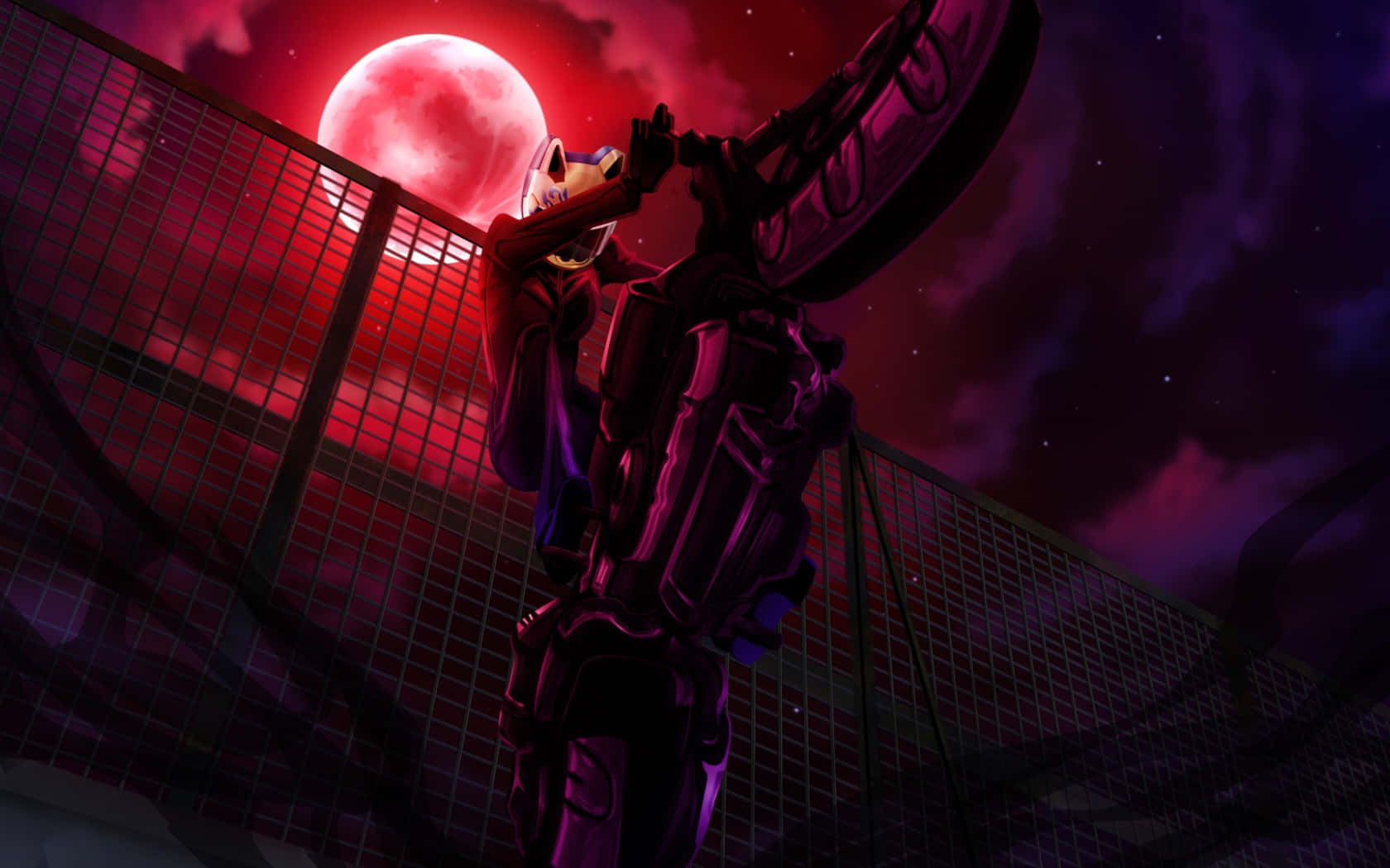 Celty Sturluson 桌布 壁紙 — 一個狐狸般的動漫角色，身穿暗色裝備，在紫色星空下，於發光的紅月亮下騎摩托車。